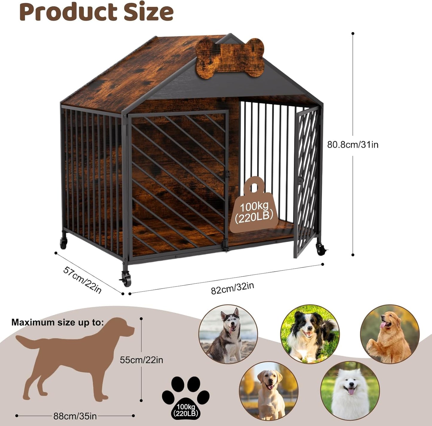 Furniture-Style Dog Crate with Gable Roof Design, Double Locking Doors Indoor Kennel for Small & Medium Dogs, Chew-Proof Escape-Proof Dog Cage, Rustic Brown