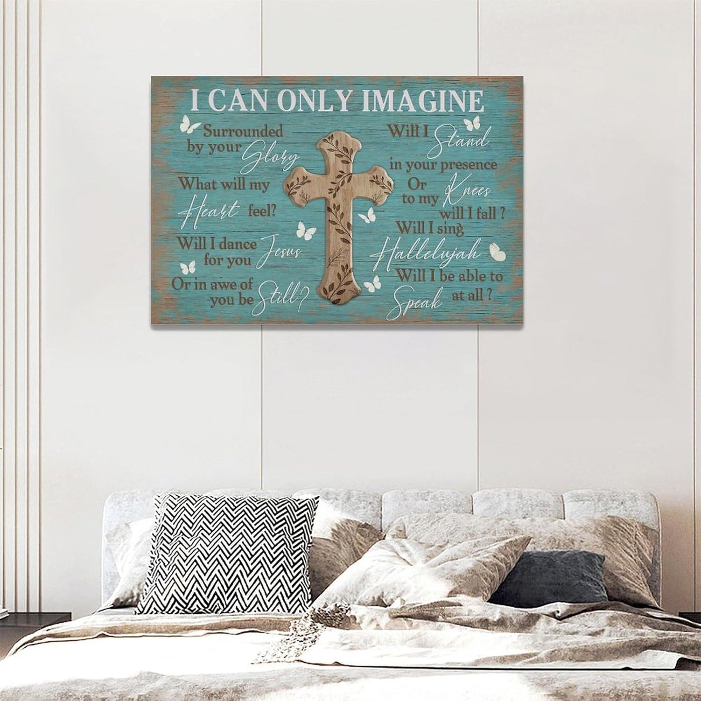 Rustic Christian Cross Wall Art I Can Only Imagine Pictures Farmhouse Butterfly Wall Decor Teal Motivational Canvas Print Painting Artwork for Bathroom Living Room Bedroom 16"x24"