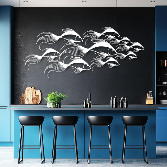 School of Fish Metal Wall Art, Metal Fish Wall Decor, Sea Life Wall Art, Large Nautical Wall Hanging, Modern Beach House Wall Decor, Ocean Themed Artwork for Bathroom (White, 41"x18" | 105x45cm)