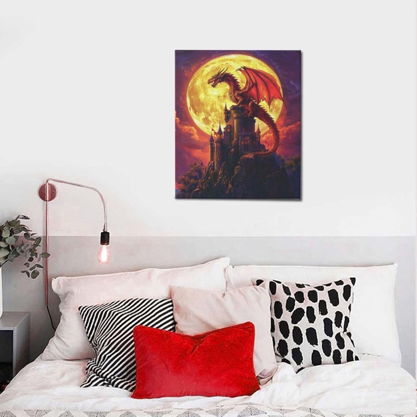 Dragon Bathroom Pictures Wall Art, Red Dragon Castle Bathroom Wall Decor, Framed Painting Canvas Artwork for Bedroom Living Room Decorations 24"L x 20"W