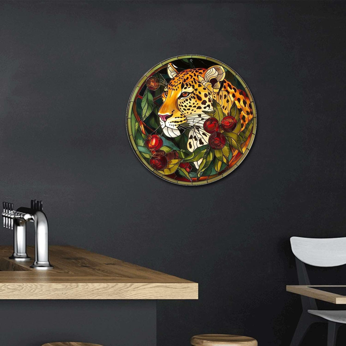 Lygond Metal Sign Tin Sign Circular Stained Glass Leopard Bathroom Signs For Home For Club 12×12 Inches