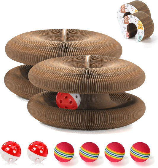 2 PCS Magic Organ Cat Scratcher Board with 6 Balls, Foldable Recyclable Accordion Cats Toy with Ball and Track Adventure, Cat Scratching Pad, Retractable Reversible Furniture Protector(Brown)
