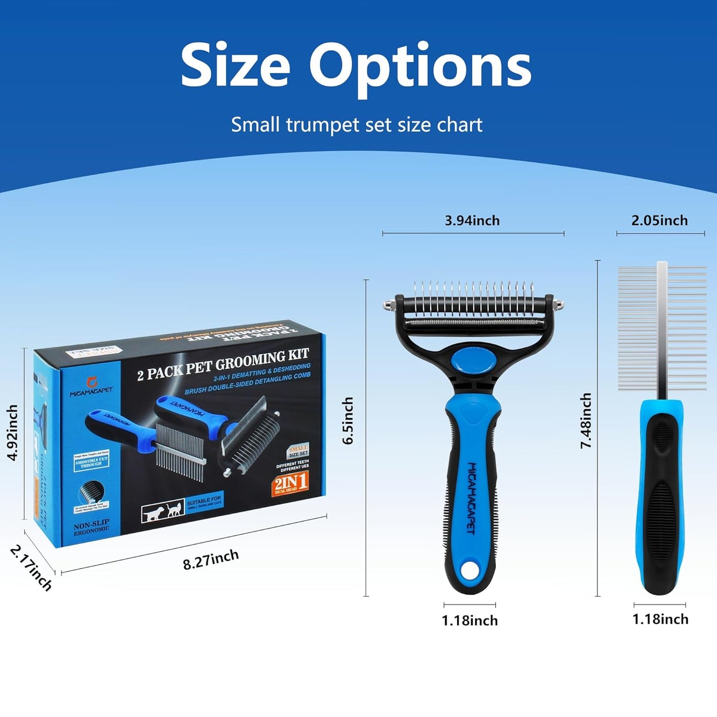 2-in-1 Shedding Brush and Detangling Comb Combo,Small Dog Stripping Brush, Dog and Cat Grooming Comb, 17 Stainless Steel Teeth Remove Tangled Hair, Pet Grooming Tools-Small