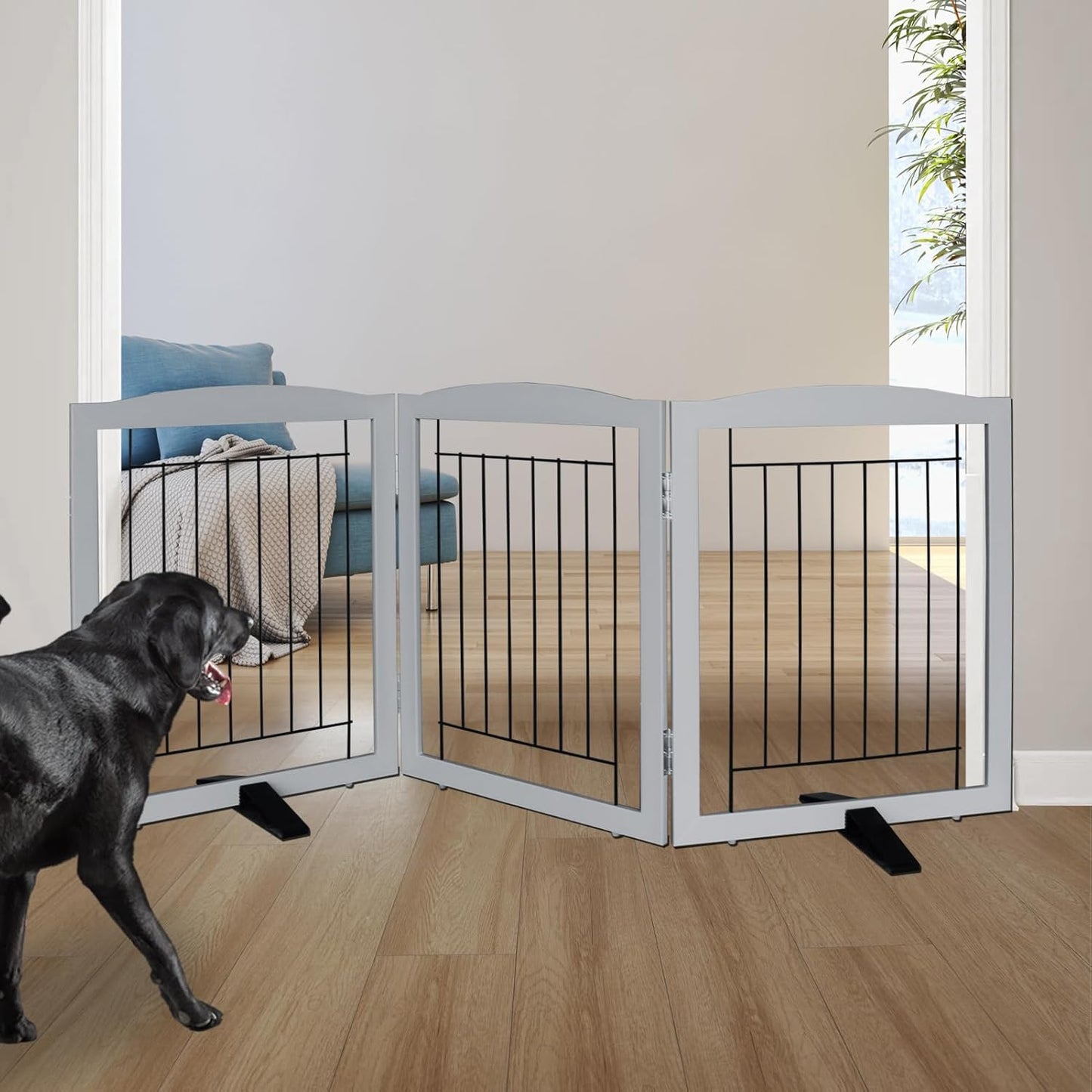 ZJSF Freestanding Dog Fence Indoor, Foldable Dog Gate for Doorways, Stairs or Hallways, Sturdy Wood Extra Wide Pet Gate with Support Feet for The House, Grey, 24 "Height-3 Panels