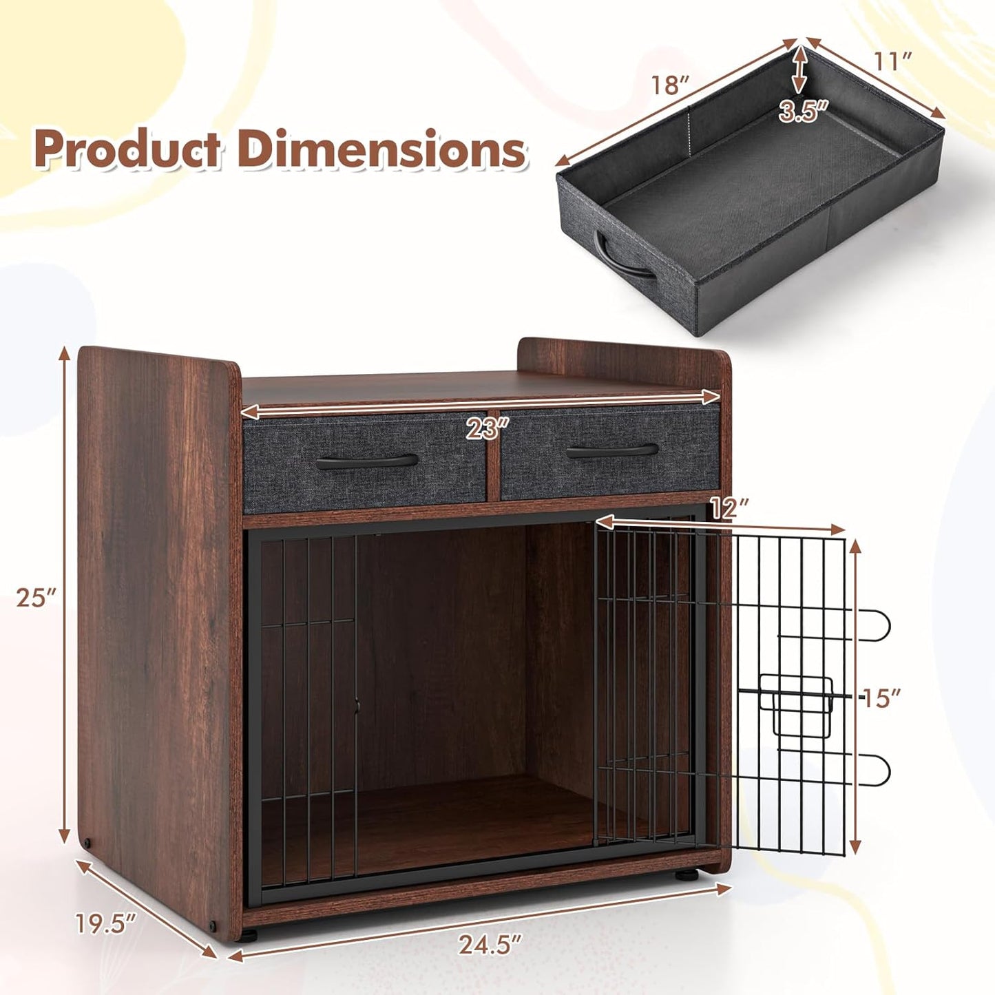 PETISITE Wooden Dog Crate with Lockable Door, Adjustable Foot Pads, 2 Fabric Drawers, Indoor Kennel Side Table for Small & Medium Dogs, 24.5 x 19.5 x 25 in