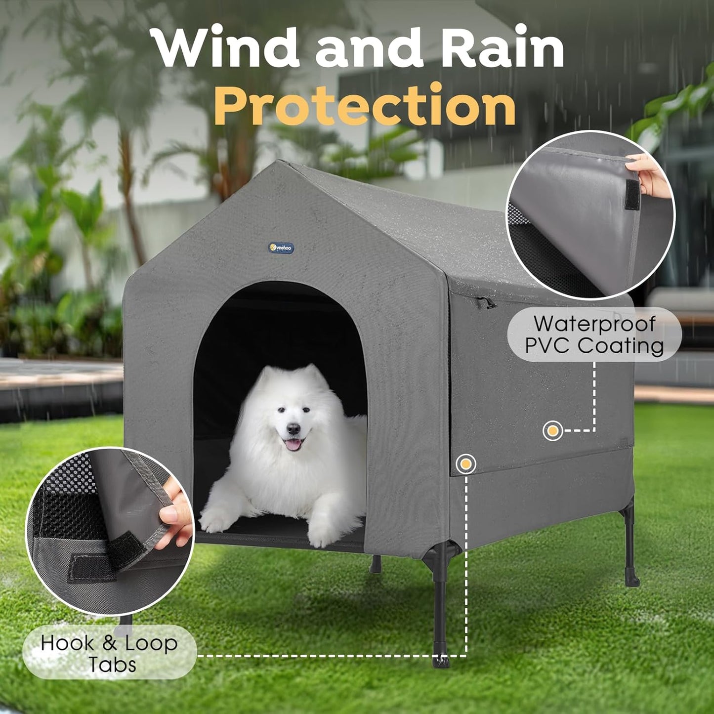 Veehoo 35" Dog House, 2-in-1 Large Dog House Outdoor Indoor Weatherproof, Outside Elevated Dog Cot Bed Dog Tent Shade, Three-Sided Breathable Mesh Windows and Sunshades, CWC2435CP