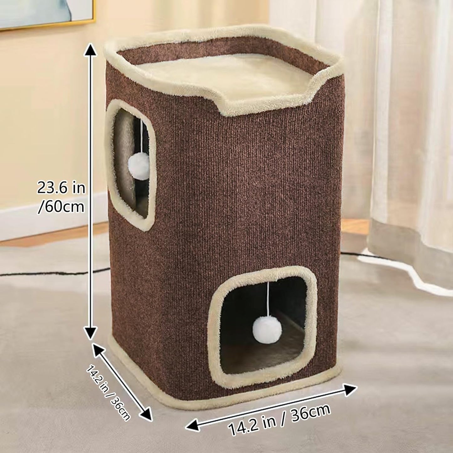 Cat House for Indoor Cats Beds, Multi-Level Cat Condo, Foldable Cave Bed Coffee, 2L