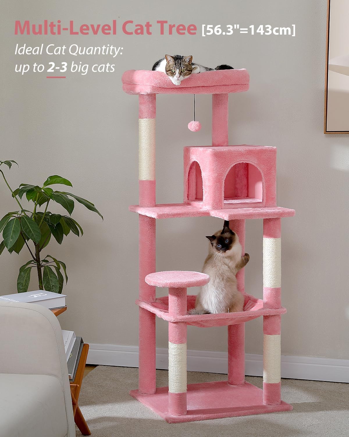 Cat Tree for Large Cats with Metal Plush Big Hammock, 56.3" Cat Tower for Indoor Cats with 2 Door Condo House, 6-Tier Cat Shelves with Scratching Posts and Large Top Perch, Pink