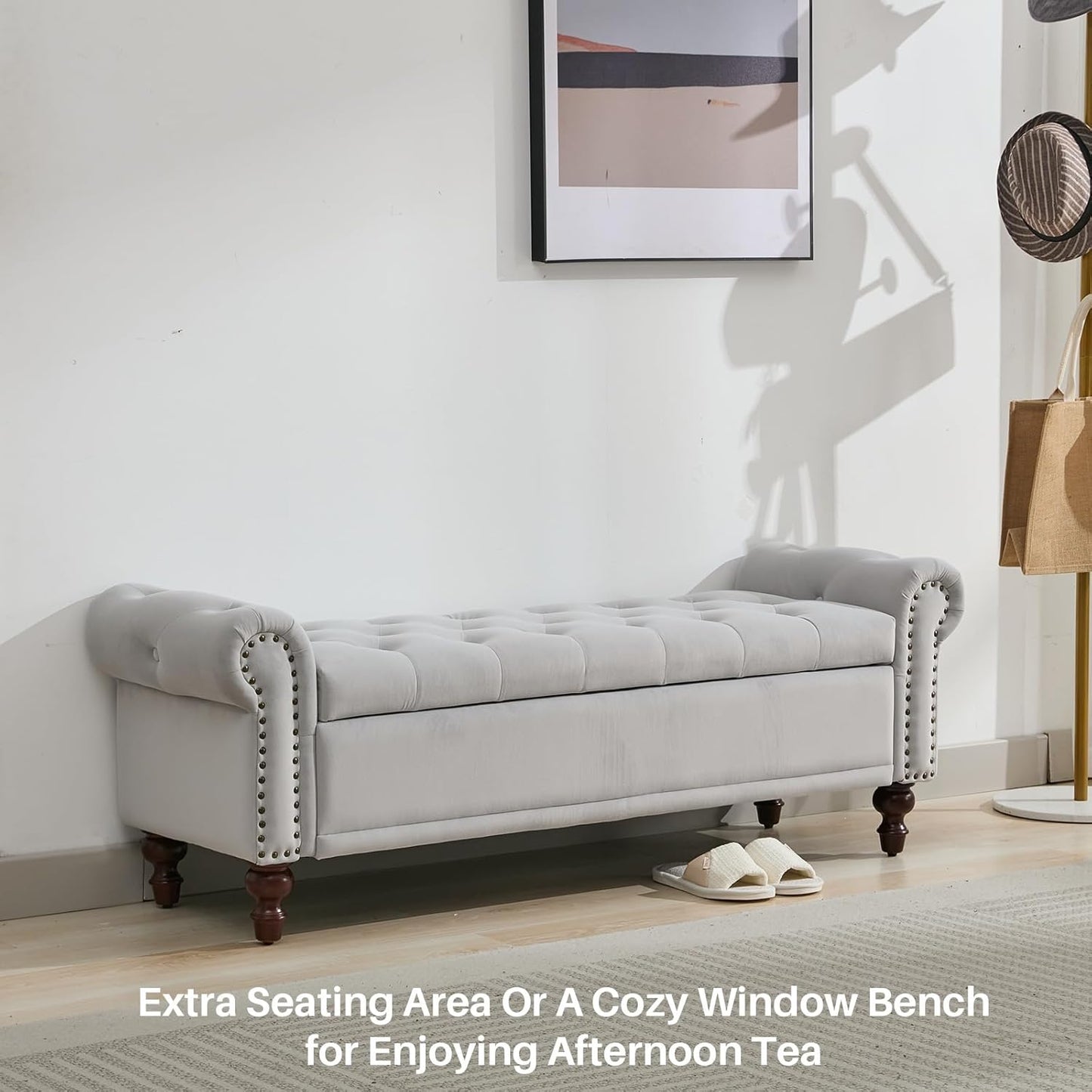 Storage Bench Upholstered Velvet End of Bedroom Bed Bench Ottoman with Tufted Cushioned Rolled Arm Large Storage Space for Reading Living Room Entryway, Light Grey