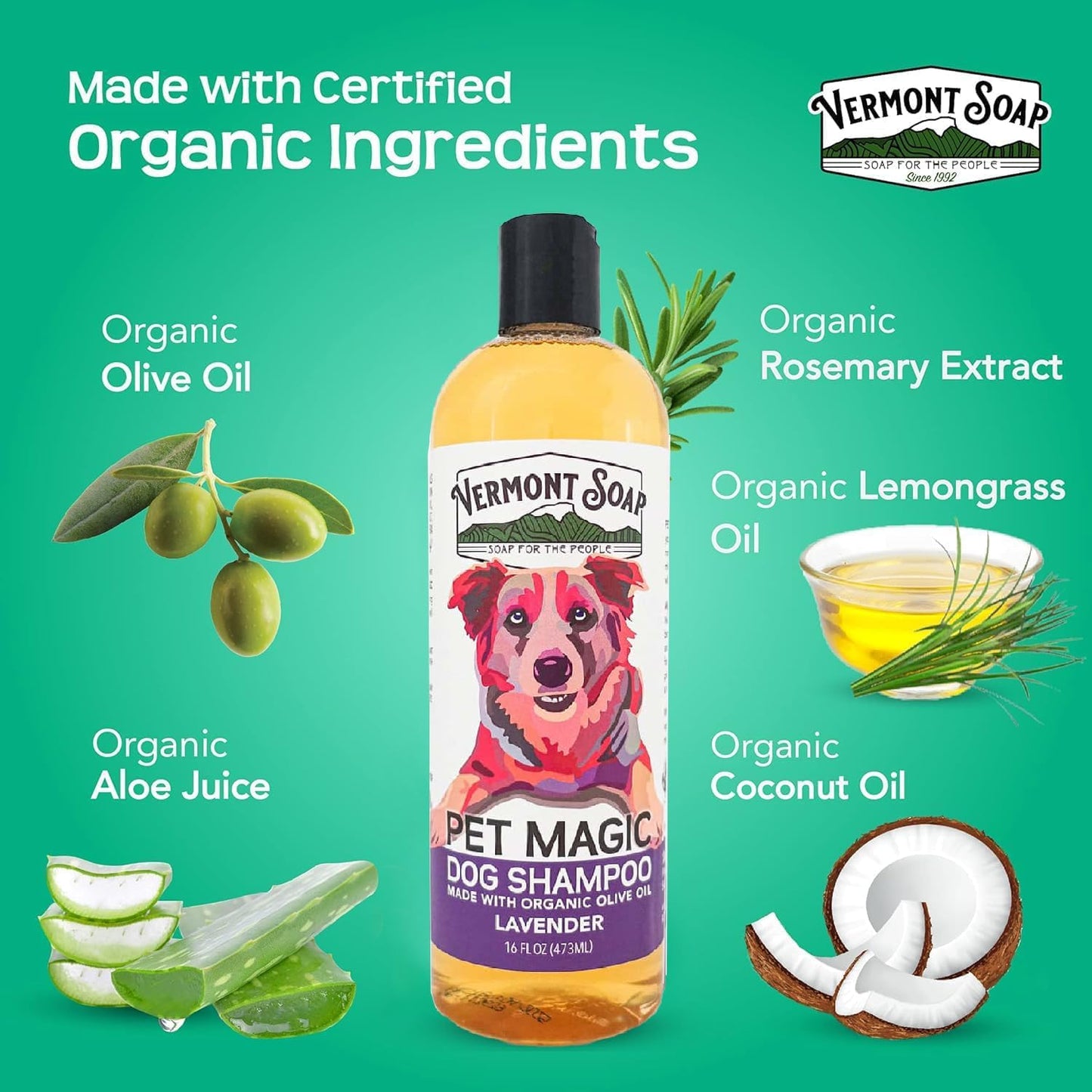 VERMONT SOAP Organics Pet Shampoo - Infused with Organic & Natural Olive Oil, Coconut & Aloe Vera Dog Shampoo for Sensitive Skin - USDA Certified Grooming Pet Shampoo - Lavender (16oz)