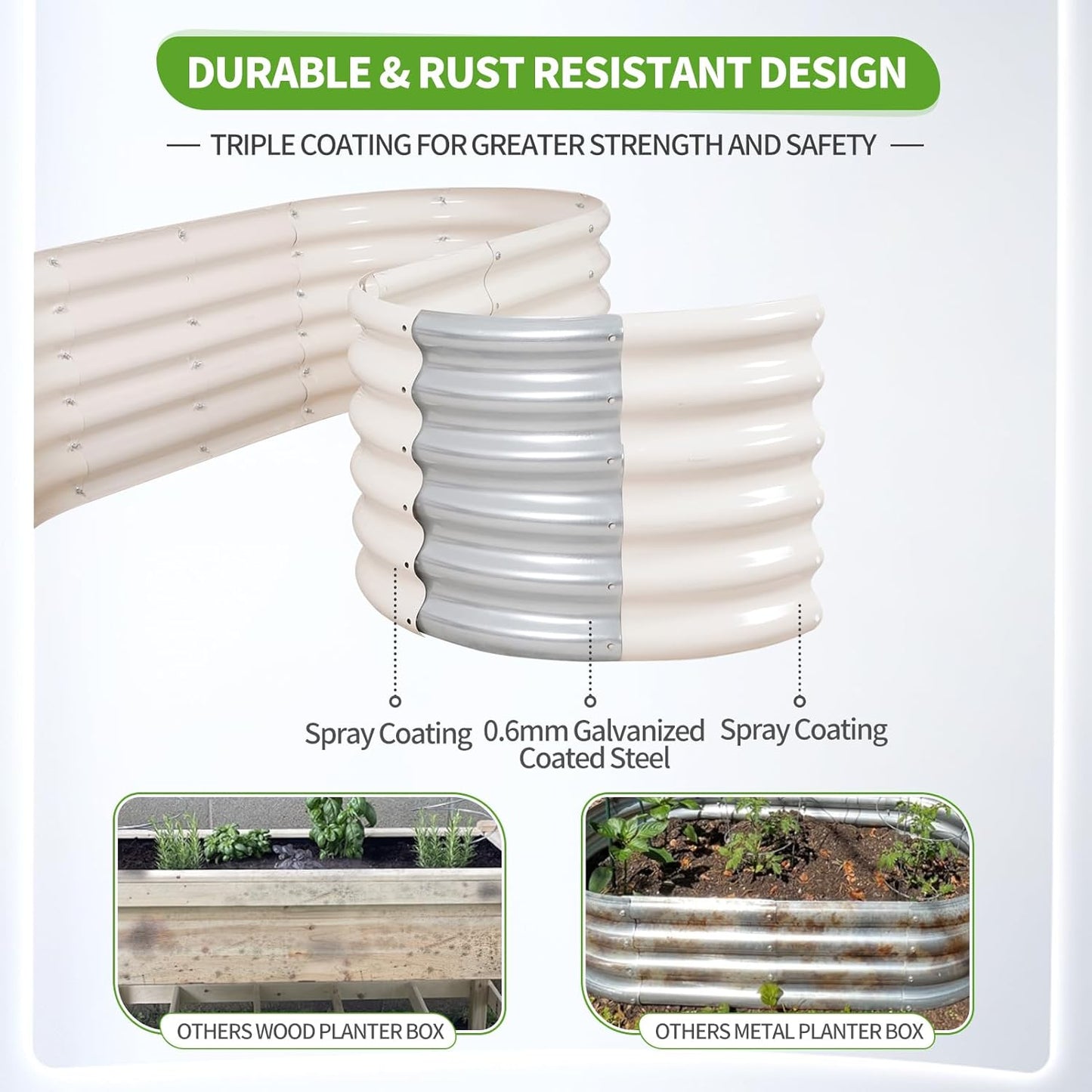 Galvanized Raised Garden Bed - 4x2x1.4FT Metal Planter Boxes Outdoor | Oval Steel Raised Bed Kit for Gardening with Protective Tape, Gloves for Vegetables, Flower, Herb (White)