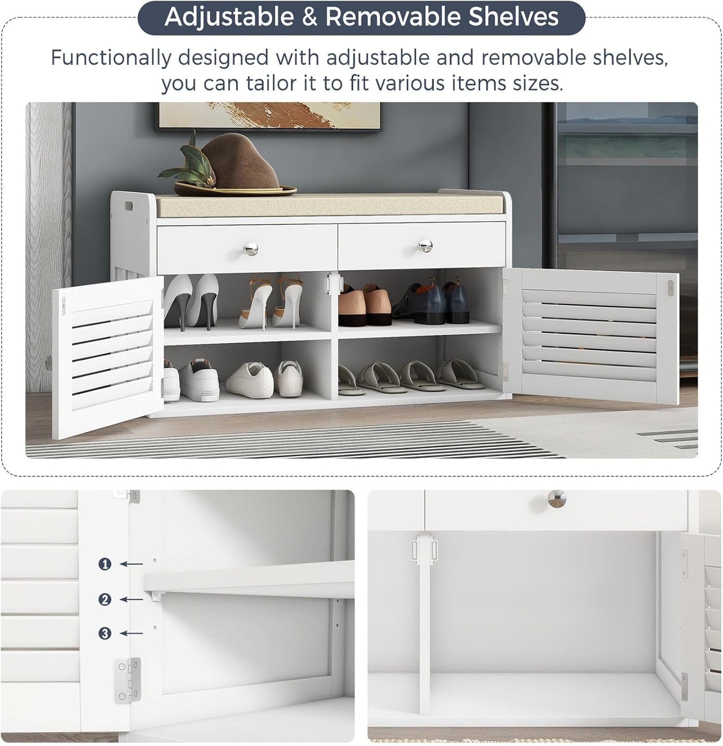 Shoe Storage Bench with 2 Drawers & 2 Doors, Entryway Bench with Cushion, 2 Adjustable Shelves, Shoe Cabinet for Entryway, Living Room, Hallway, Mudroom, Bedroom, White