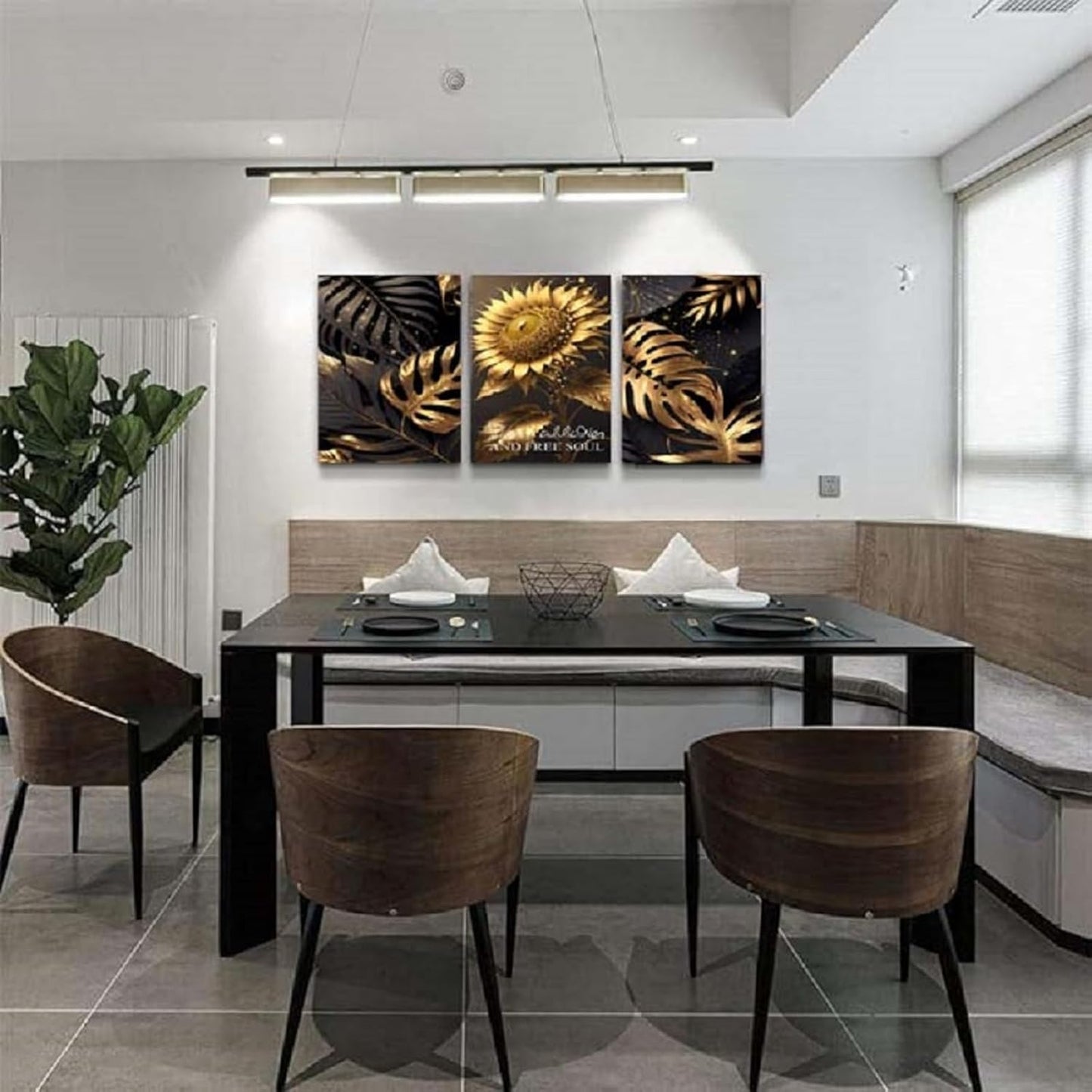 Yxbhhym Bedroom Wall Art Sunflower Canvas wall Art for living room Black and Gold Wall Décor pictures Leaf Artwork Paintings Flower Poster Prints Dining Room Office Décor Bathroom Decorations