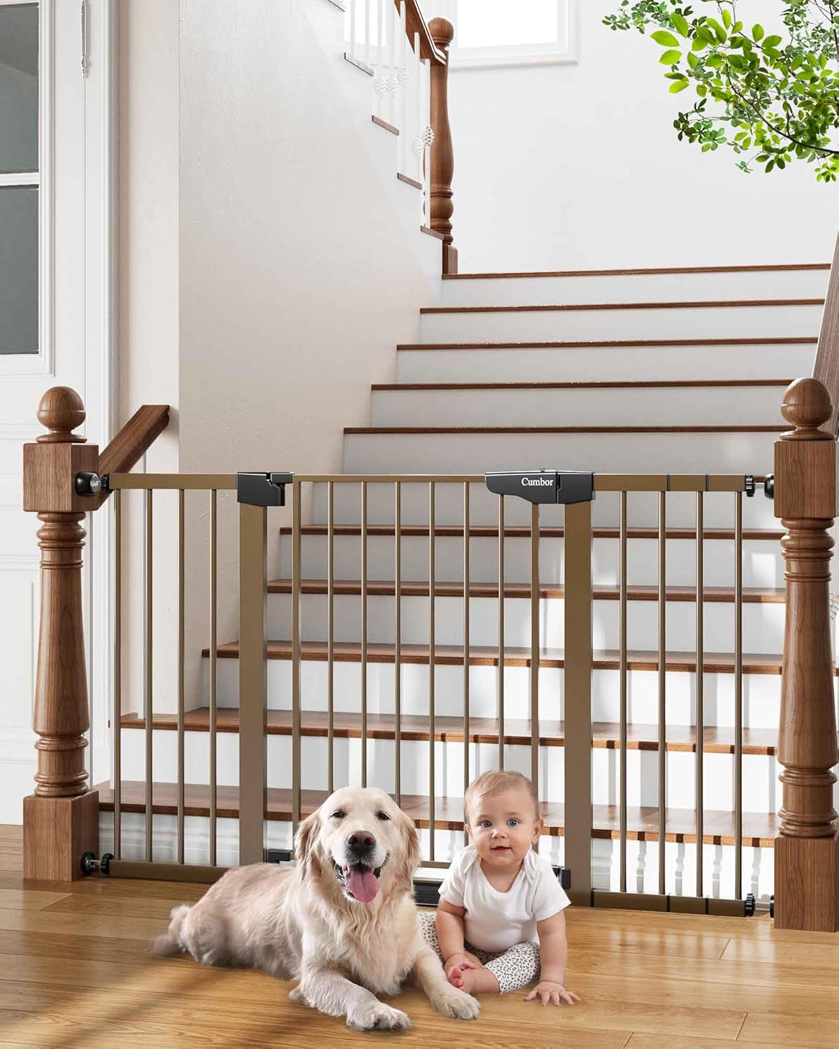 Cumbor 29.7-54.2" Wide Baby Gate for Stairs, Mom's Choice Awards Winner-Self Closing Dog Gate Indoor for Doorways, No Drilling Pressure Mounted Pet Gates for Kids, Easy Walk Through Safety Gate, Brown