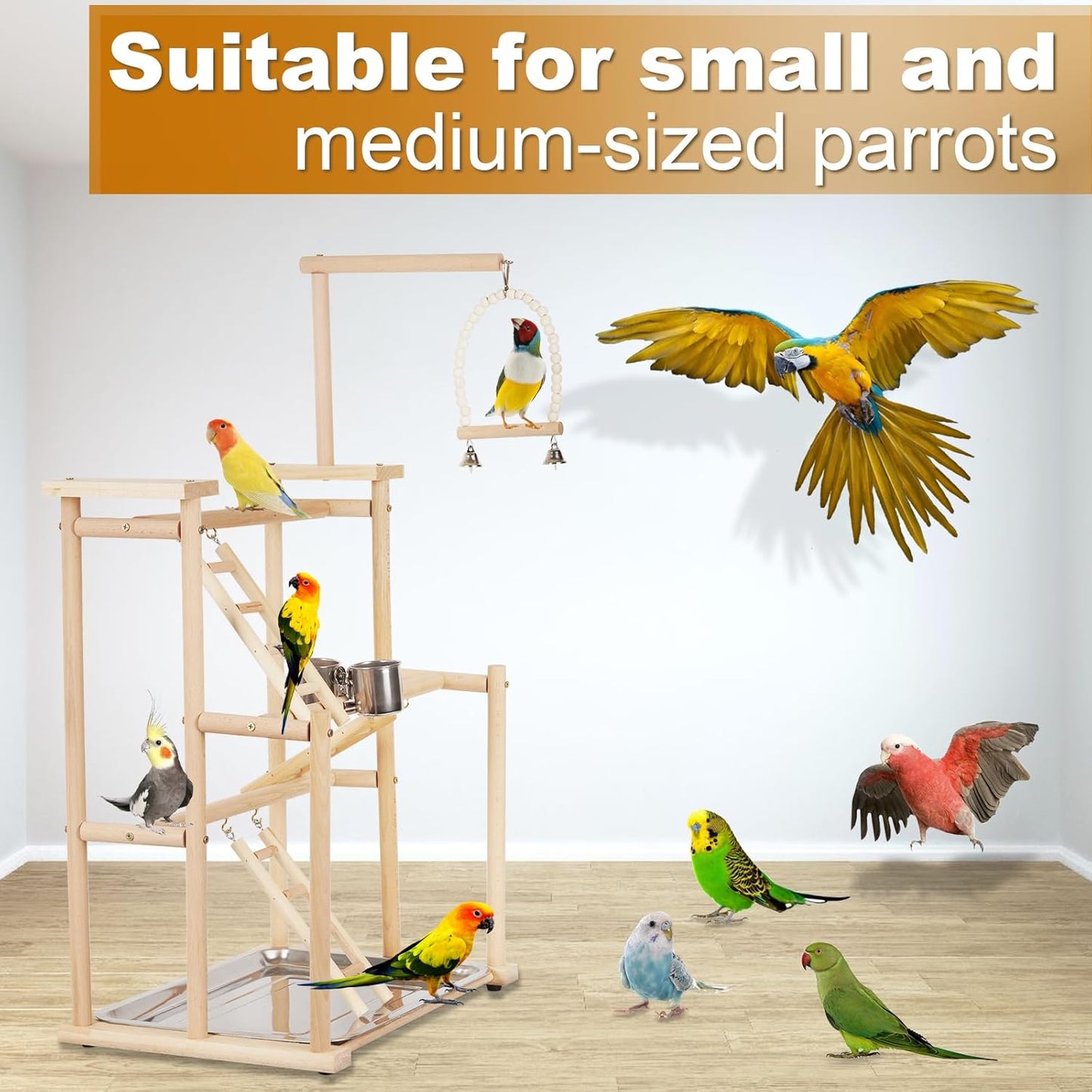 Pet Parrot Playstand Parrots Bird Playground Bird Play Stand Wood Perch Gym Playpen Ladder with Feeder Cups Bells for Cockatiel Parakeet (3 Layers)