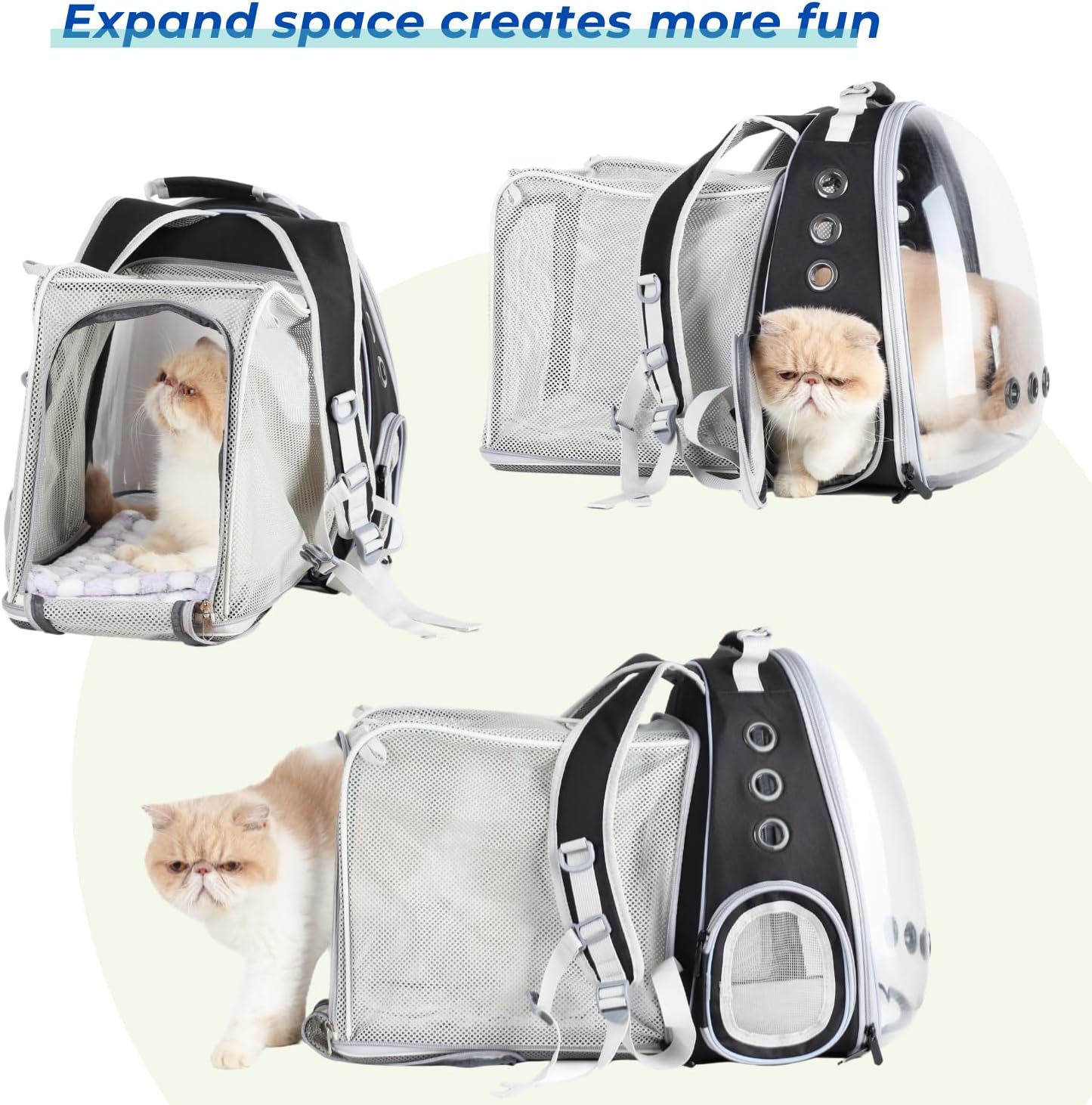 Lollimeow Cat Carrier Backpack, Bubble Expandable Backpack Carrier, Pets and Small Dogs,Airline-Approved, Designed for Travel, Hiking, Walking & Outdoor Use (Square Back Expandable-Black)