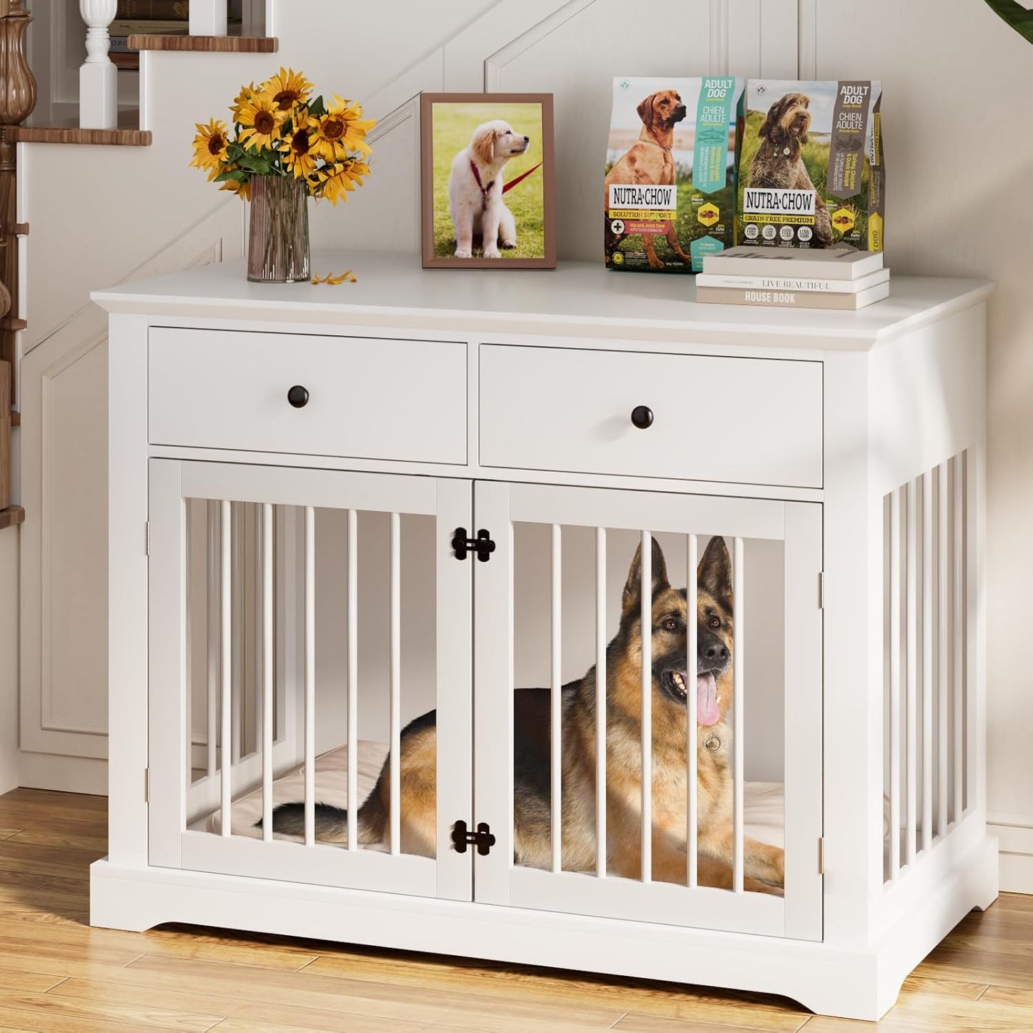 PUKAMI 44inch Dog Crate Furniture with Drawers,Wooden Dog Kennel Furniture for Large Breed,White End Table Wood Dog House for Indoor use,for Small/Medium/Large Dog