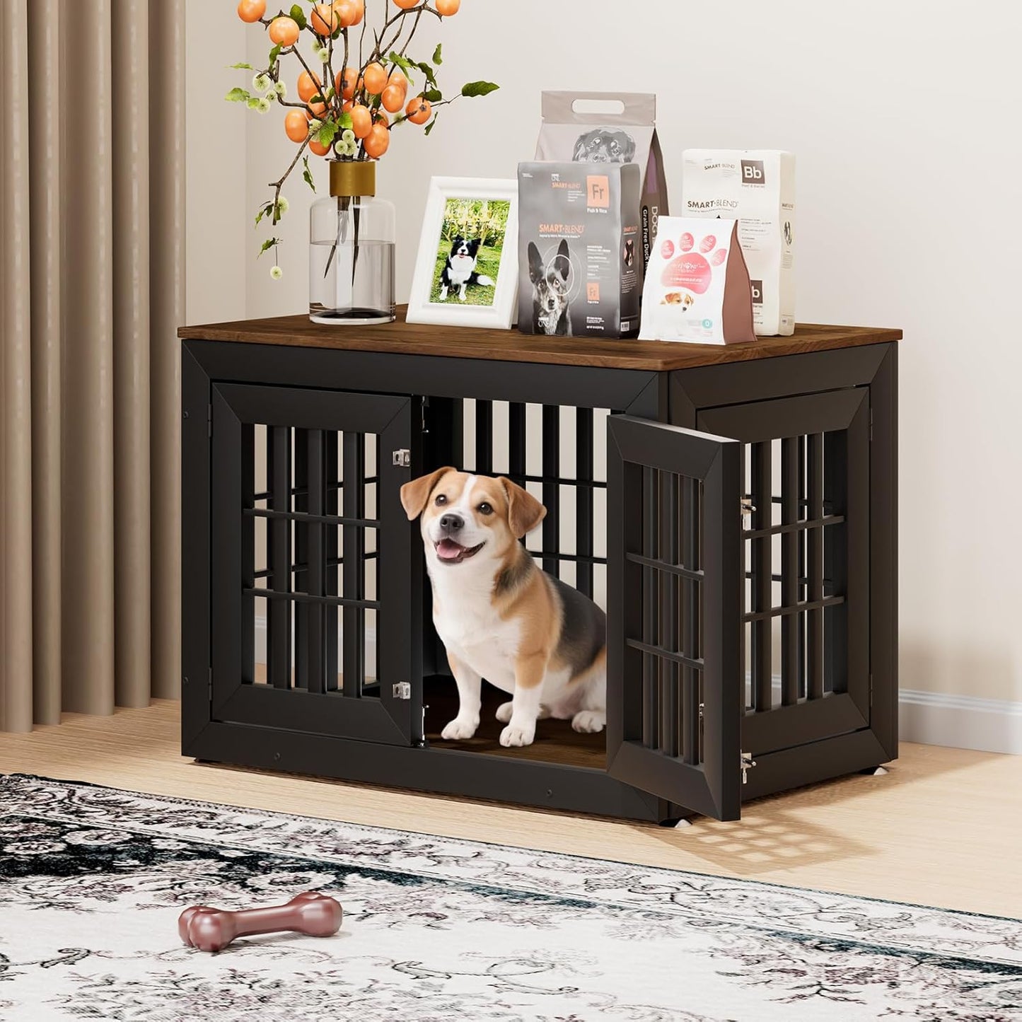 38" Heavy Duty Dog Crate Furniture for Small,Medium and Large Dogs,Rustic Wooden Dog Cage Kennel Indoor Furniture with Waterproof Top,Decorative Pet House Side End Table (Black & Wood)