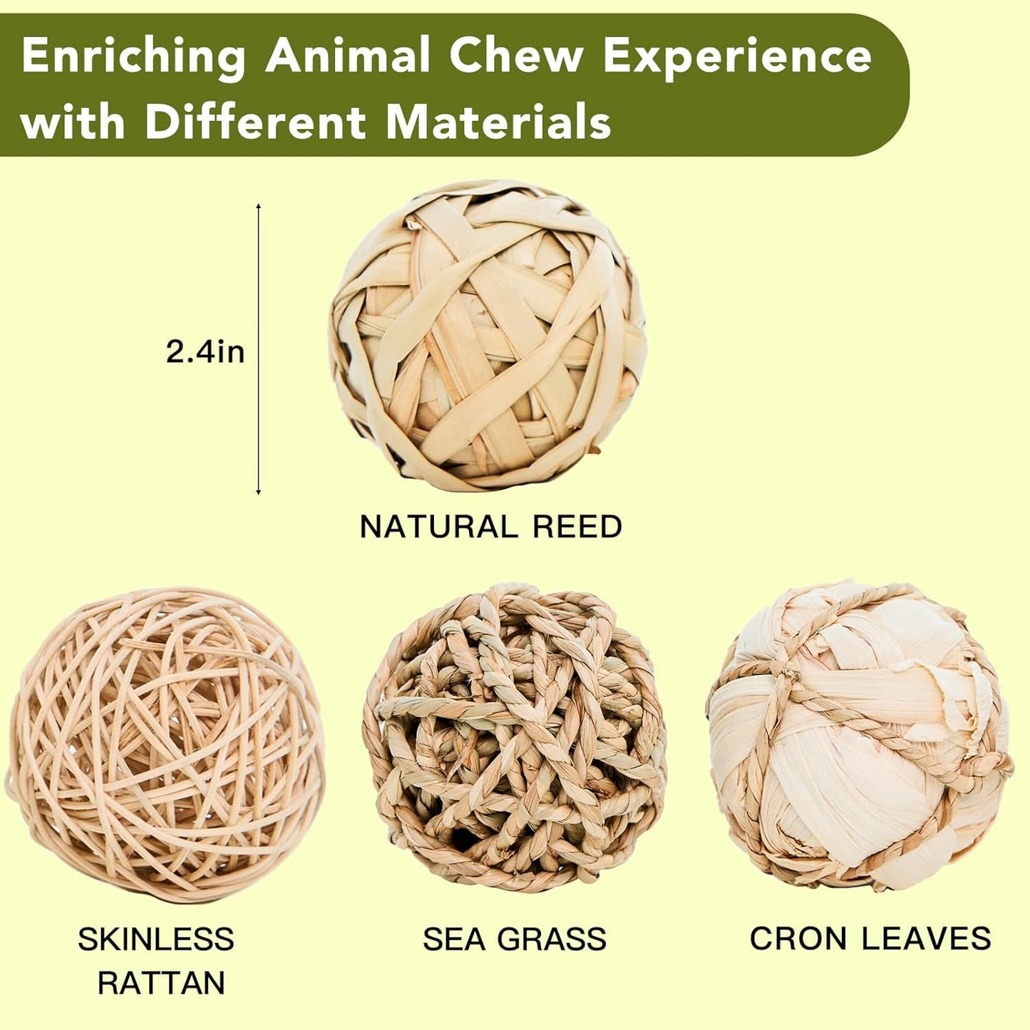 8 Pack Small Pet Chew Toys - 7cm Natural Woven Balls for Rabbits, Guinea Pigs, Hamsters (2 Seagrass, 2 Rattan, 2 Corn Husk, 2 Seaweed Rope) - Safe Dental Grinding Toys