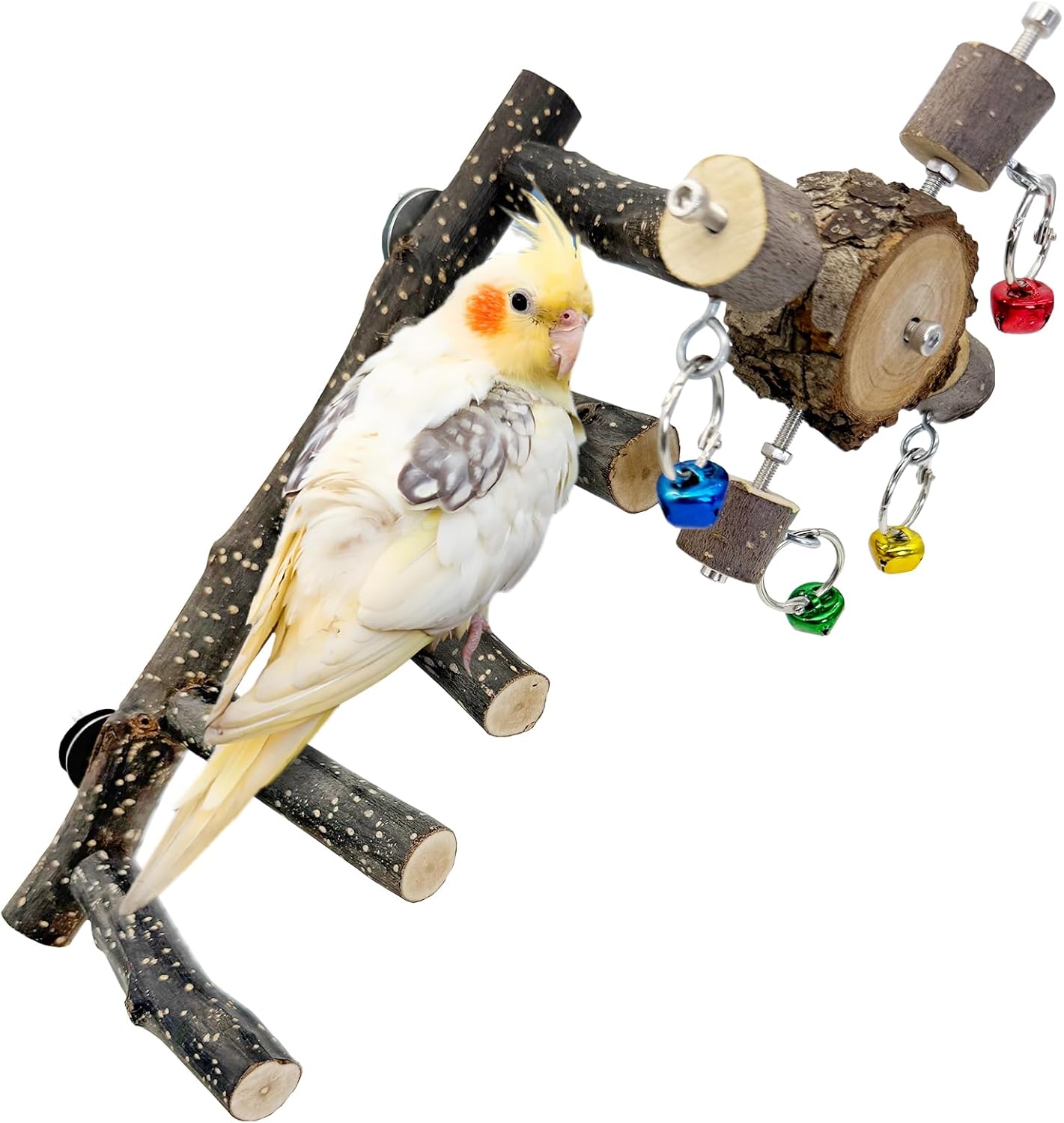 BNOSDM Natural Wood Bird Ladder Perch with Rotating Bell Toys-Exercise Stands for Parrot Climbing Chewing Parakeet Bridge Cage Accessories for Cockatiel, Conures, Lovebirds, Budgie