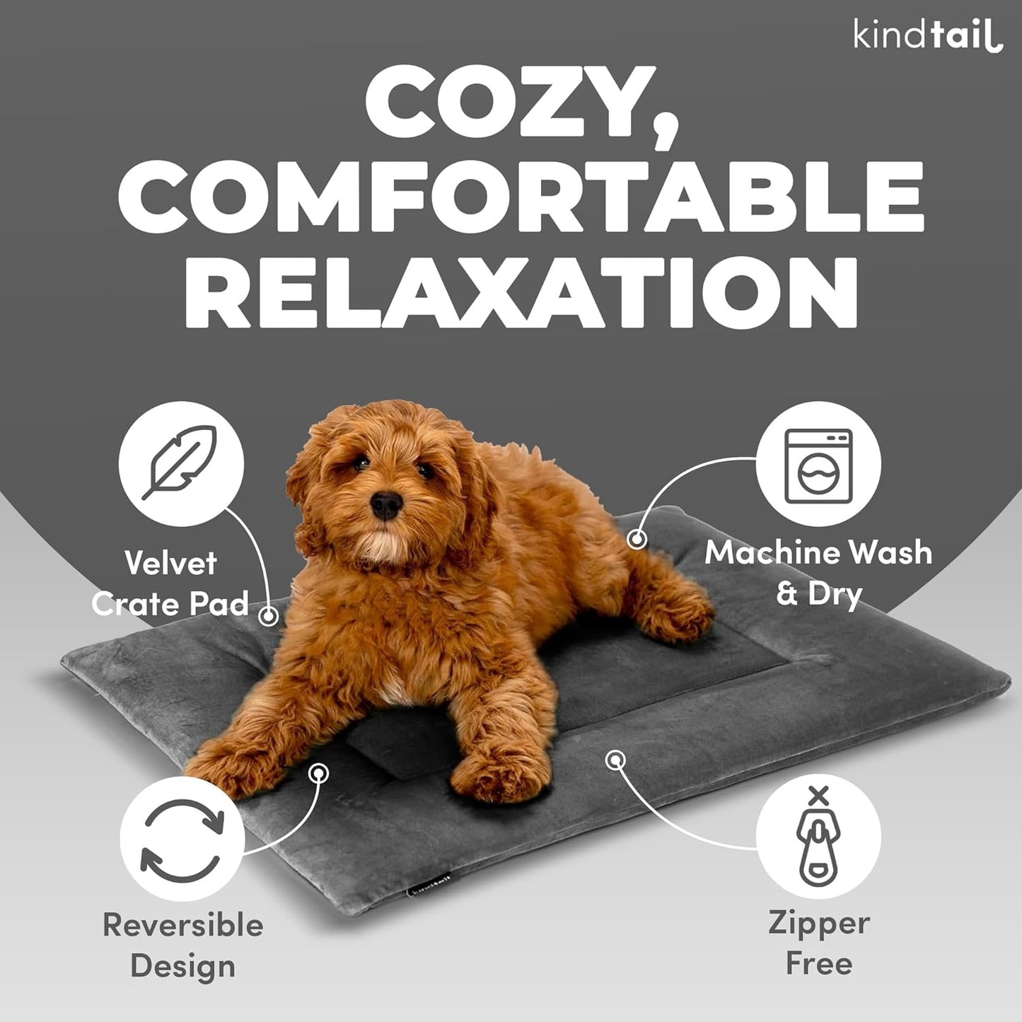 KindTail Dog Crate Pad - Soft Velvet, Reversible Bed - Machine Washable Kennel Mat for Pets up to 25 lbs - Mattress for Cozy Sleeping - 25” x 19” x 1” (Dark Grey, Medium)