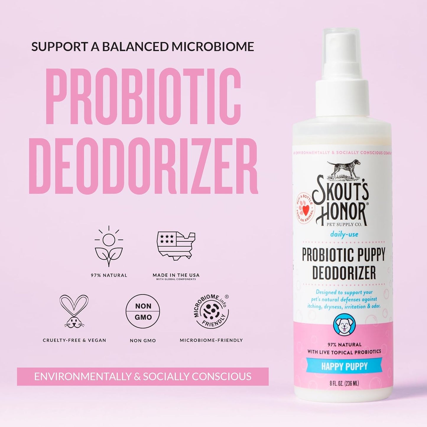 SKOUT'S HONOR Probiotic Deodorizer Spray for Pets- Hydrating Daily-Use with Avocado Oil & Omega-3s, Microbiome Friendly Certiified, Paraben & Sulfate-Free, 97% Natural, 8oz, Happy Puppy