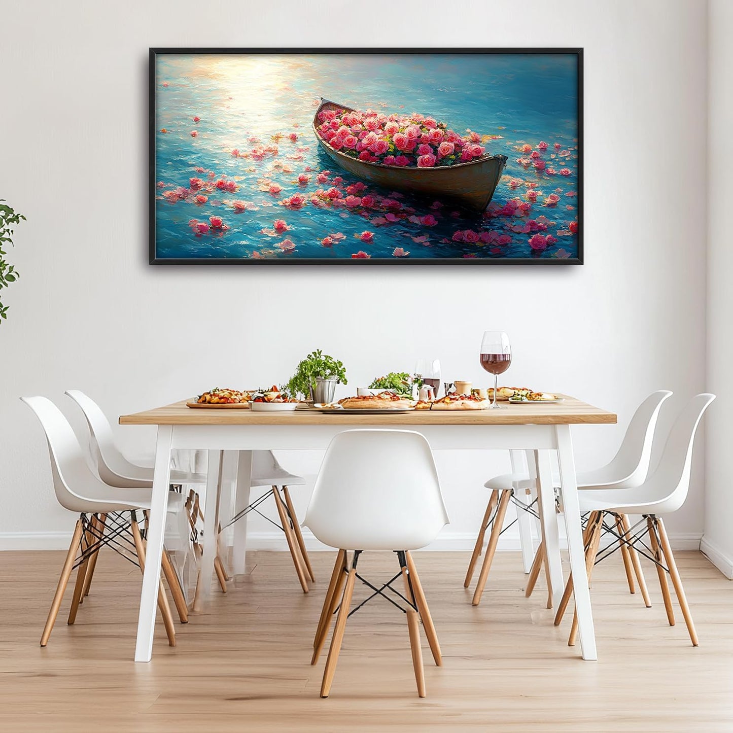 Large Lake Floral Landscape Wall Art for Living Room, Nature Boat Flower Canvas Oversized Wall Decor, Rose Scenery Framed Pictures Painting Print Artwork for Bedroom Office 60L" x 30W"