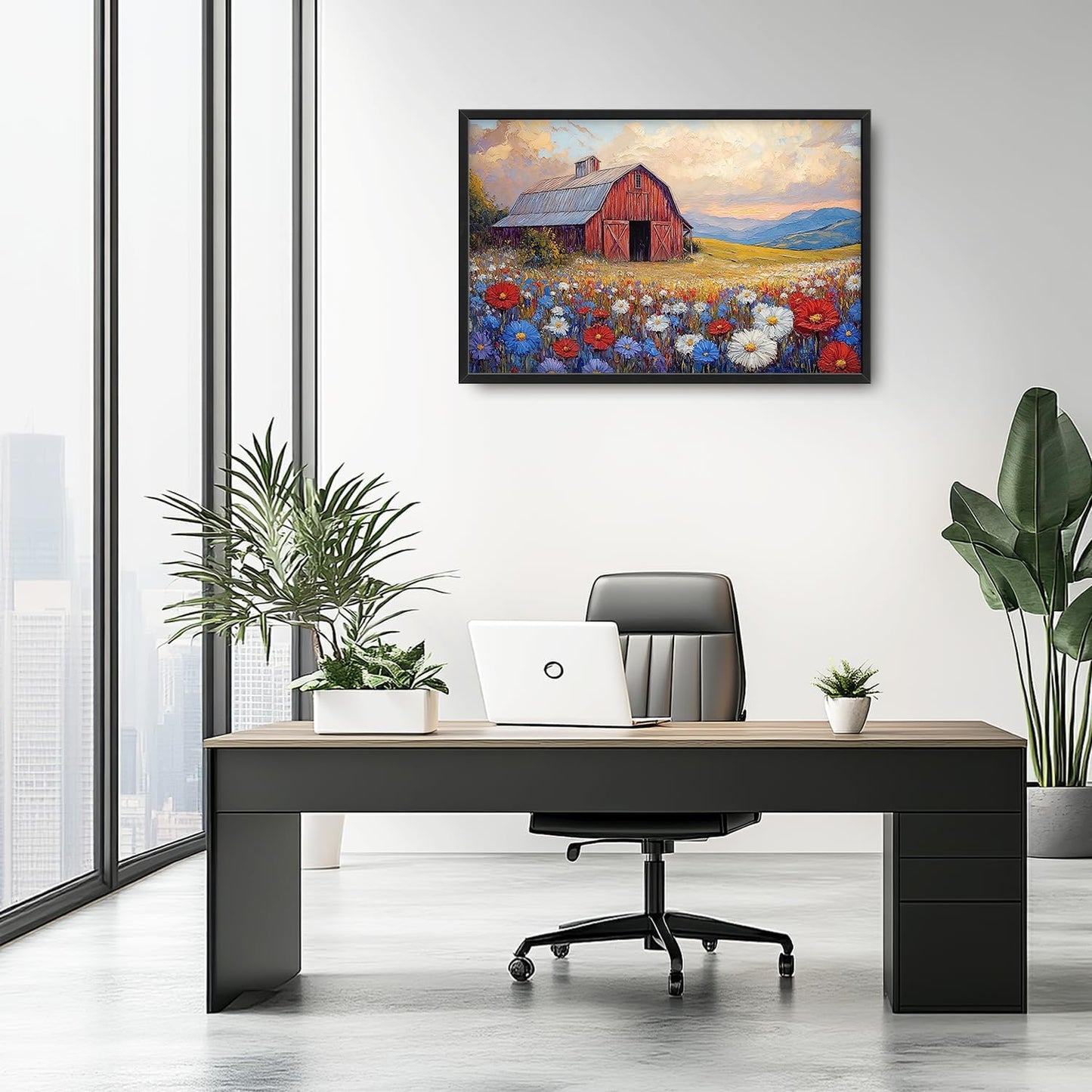 Large Farmhouse Barn Daisy Wall Art for Living Room, Floral Landscape Canvas Oversized Wall Decor, Flower Scenery Framed Pictures Painting Print Artwork for Bedroom Office 36"L x 24"W