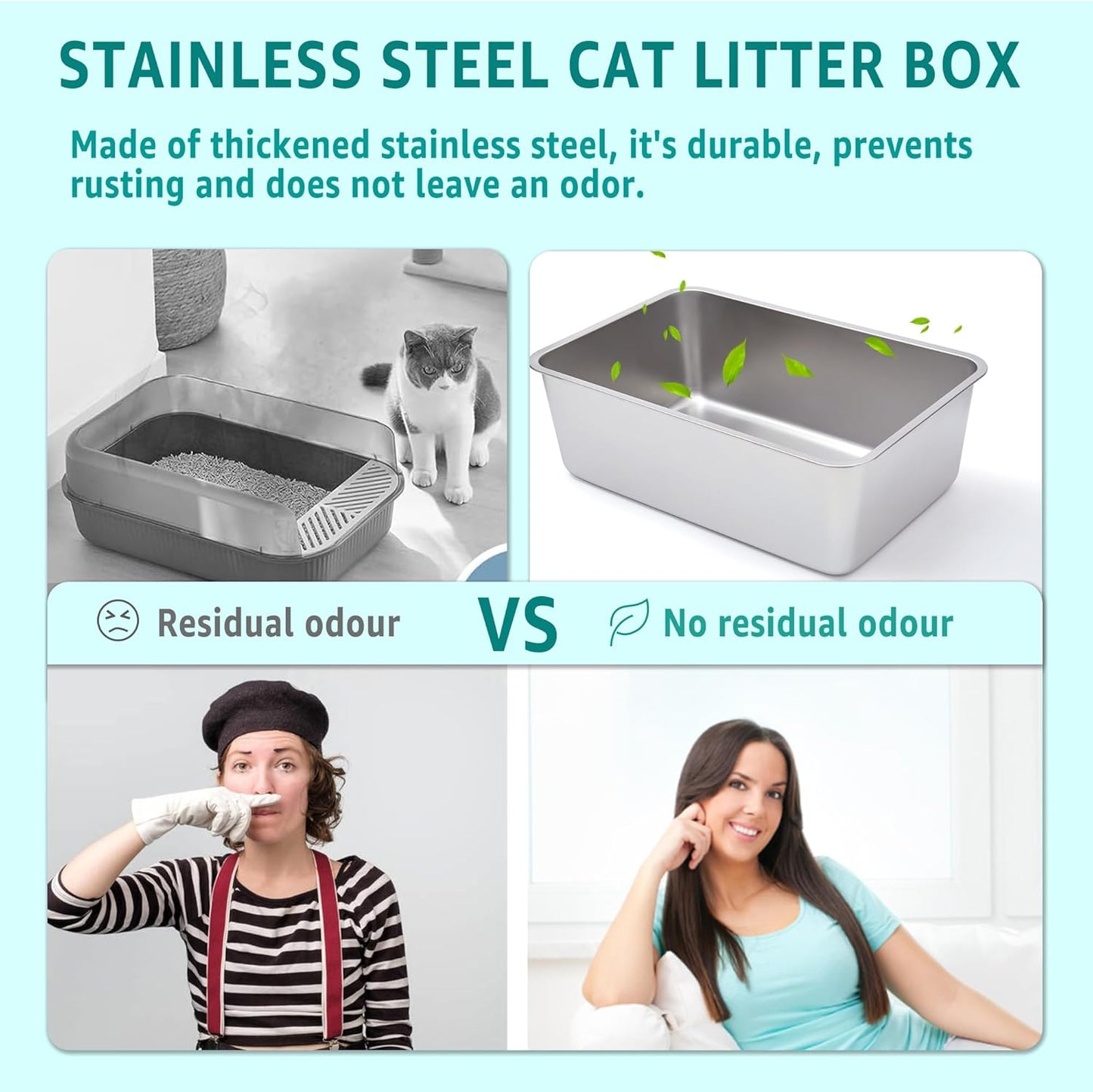 2 Pack Stainless Steel Litter Box-XXL Metal Litter Box for Big Cats 8IN Deep, Cat LitterBox-Pet Toilet Easy to Clean,High Sided Cat Litters Boxes Adult Cats,Non Stick, No Smell