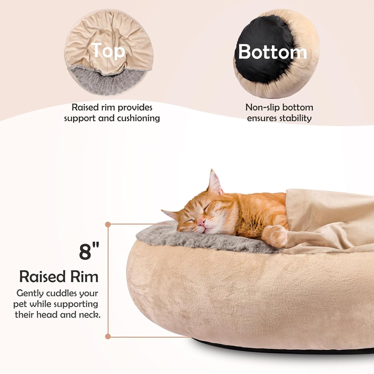 JOEJOY Small Dog Cat Bed With Hooded Blanket, Cozy Cuddler Luxury Puppy Pet Donut Round Calming Anti-Anxiety Burrow Cave - Anti-Slip Bottom, Machine Washable, 23 Inch