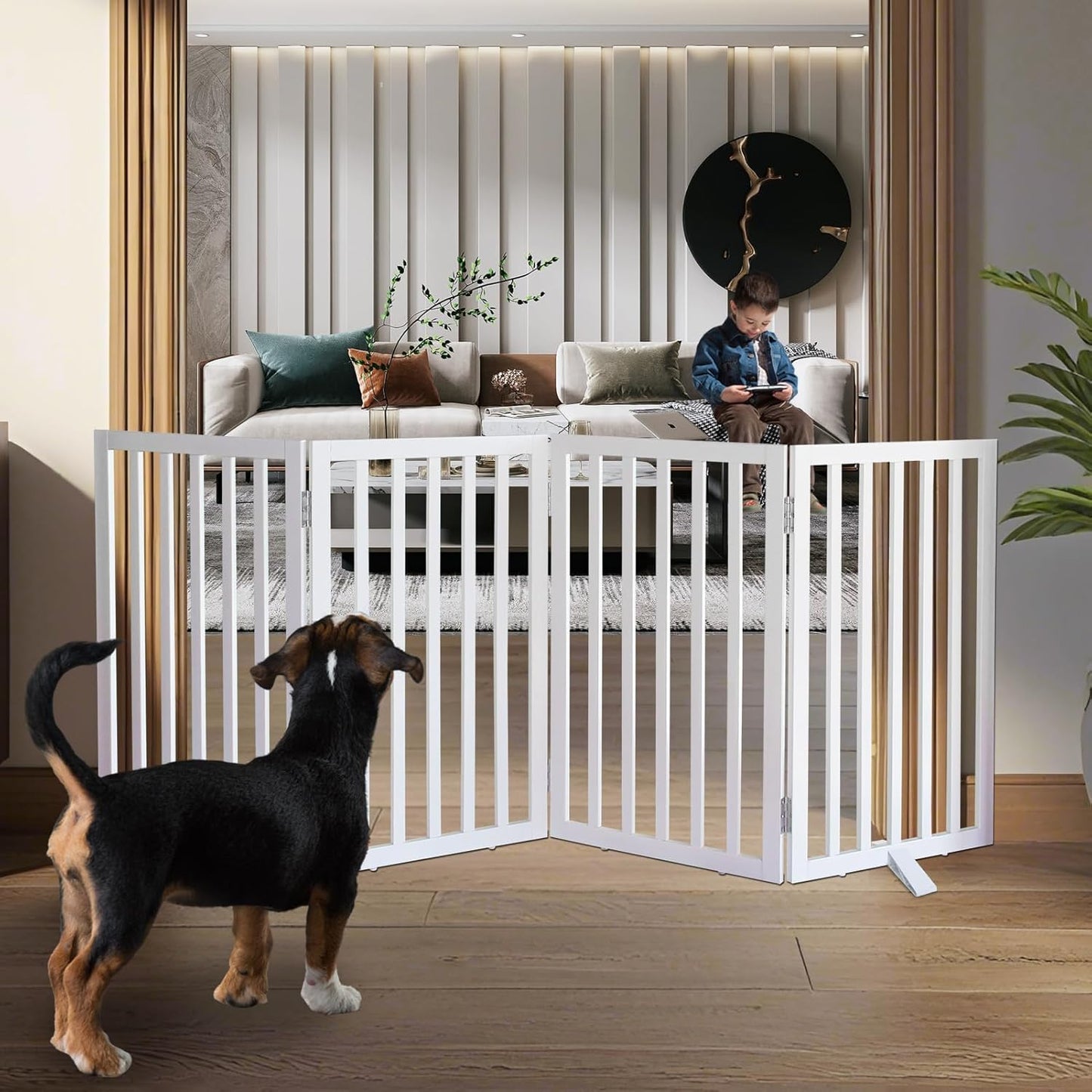 ZJSF Freestanding Indoor Dog Gate for House Foldable Wood White Puppy Gate for Doorways Pet Gate for Stairs Extra Wide Pet Fence 32" Height 4 Panels
