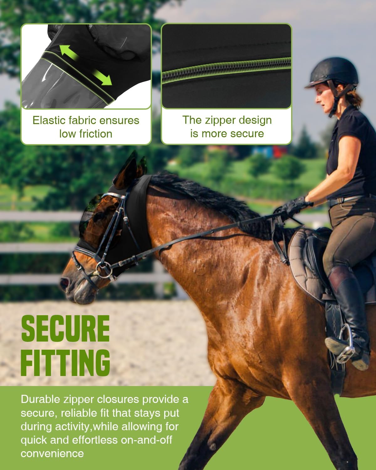 JWODVNTH Fly Masks for Horses with Ears - Large Eye Space, Comfort, UV-Block - Horse Fly Mask for Daily Stable, Hot Weather Riding, and Competition - Cob, Black