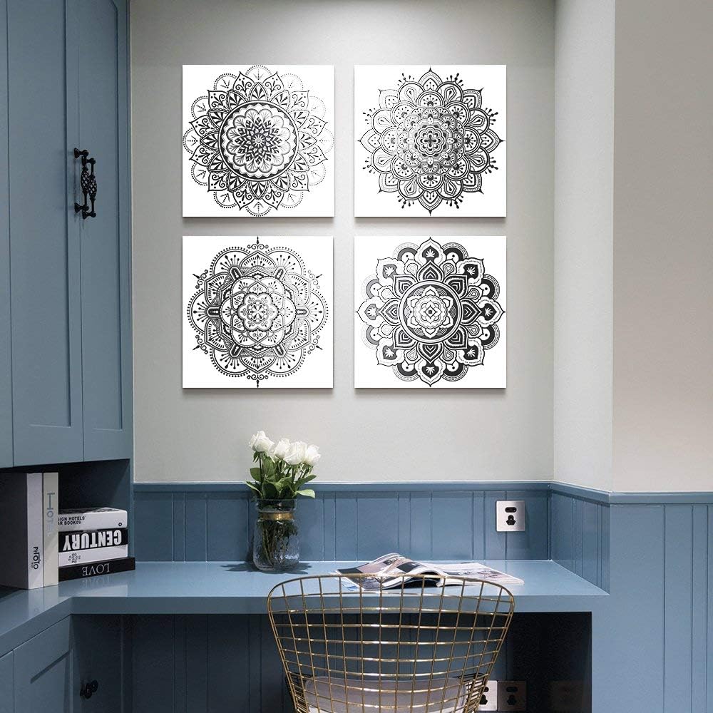Black and white art Decorative pattern Canvas Wall Art for Living Room Bedroom wall decor Bathroom decorations,4 piece Modern Home decoration inspirational wall paintings Posters Pictures artwork