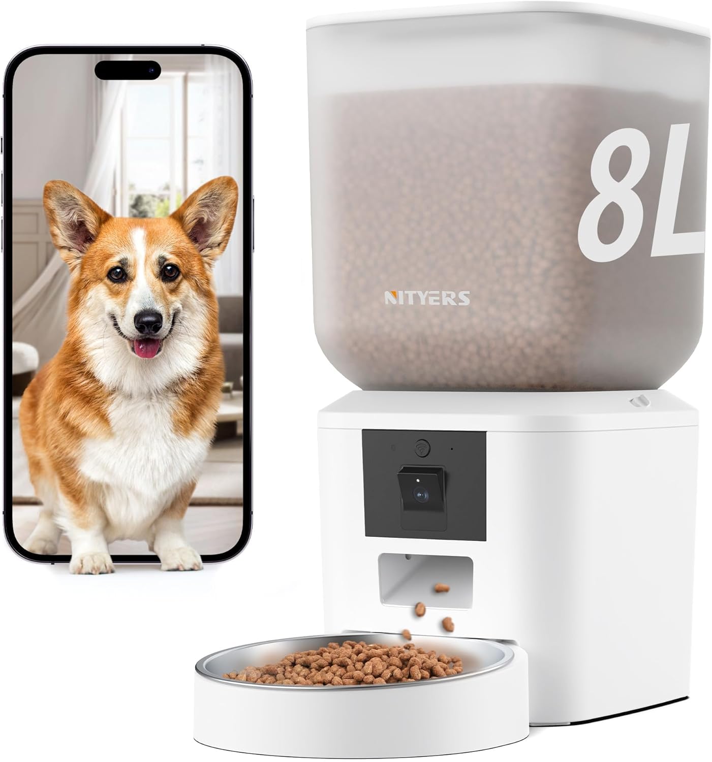 Automatic Dog & Cat Feeder with Camera & WiFi – 8L/34 Cups, 1080P Night Vision, 2.4 & 5G WiFi, 2-Way Talk, 10s Voice Recording, Timed Food Dispenser, Up to 99 Portions, 15 Meals Per Day