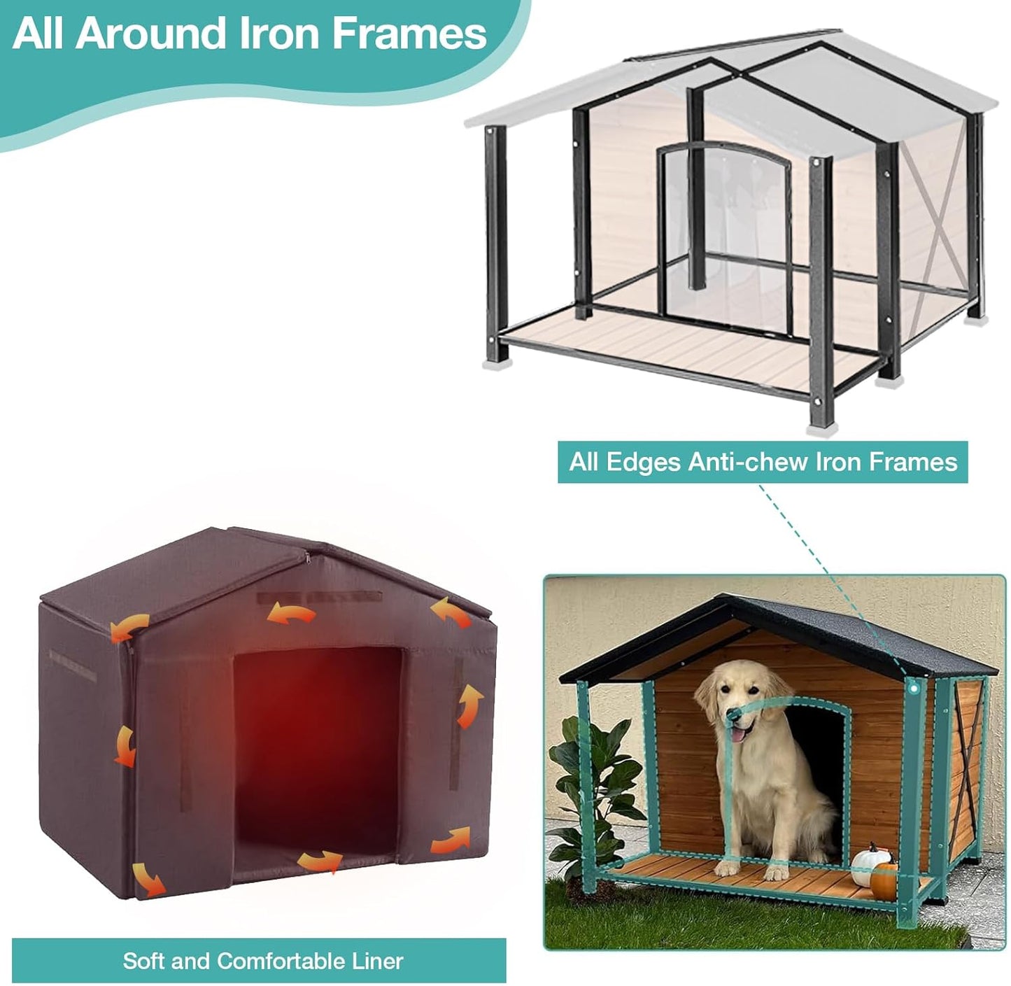Outdoor Dog House with Insulated Liner,Weatherproof Wooden Dog Shelter for Medium and Large Sized Dogs,Iron Frame Indoor Outdoor Kennel,Pets Warm House in Winter with Large Porch