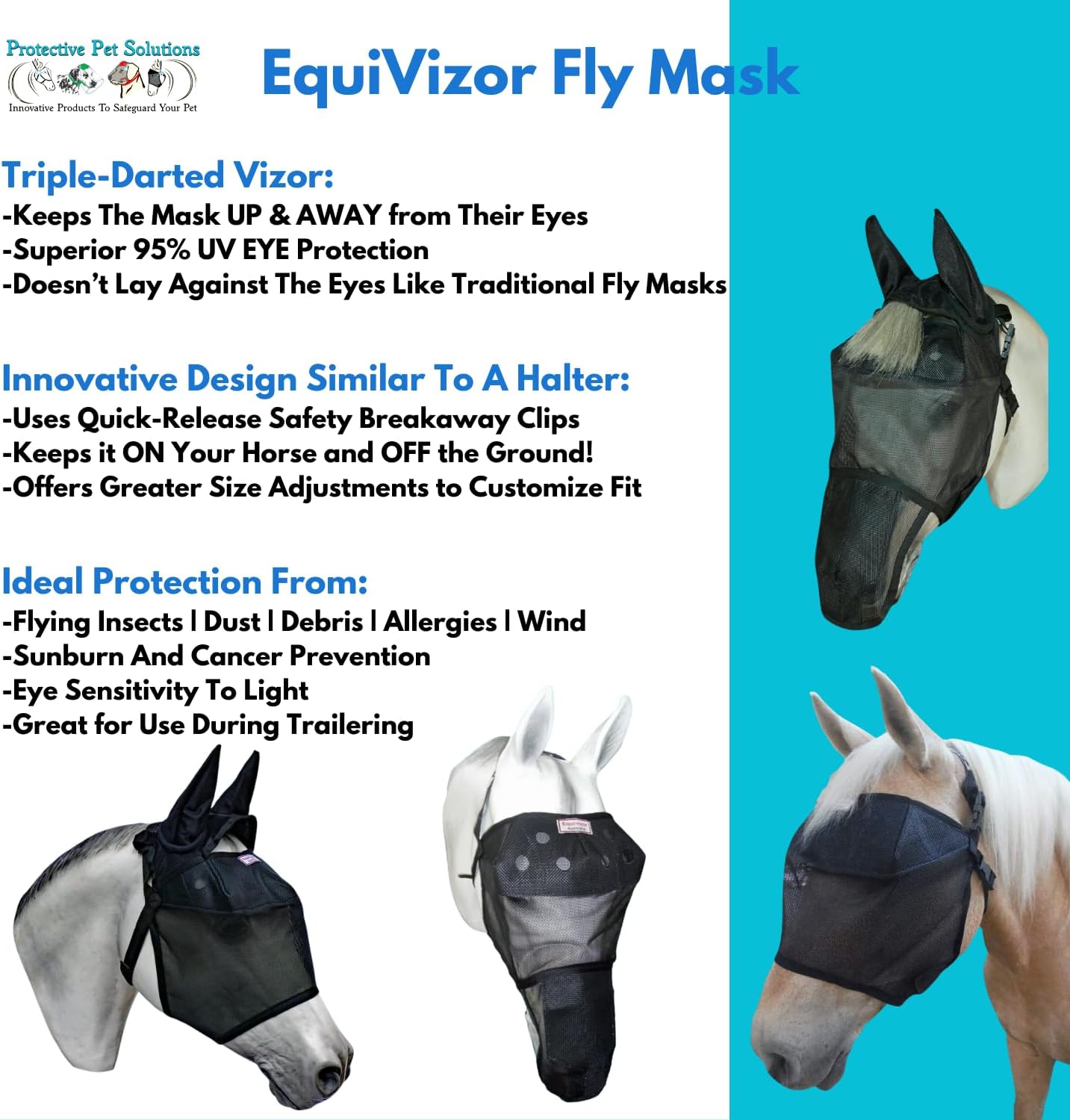 EquiVizor 95% UV Eye Protection (Full) Standard Horse Fly Mask - Help with Uveitis, Corneal Ulcer, Light Sensitivity. Designed to Stay On Your Horse, Off The Ground.