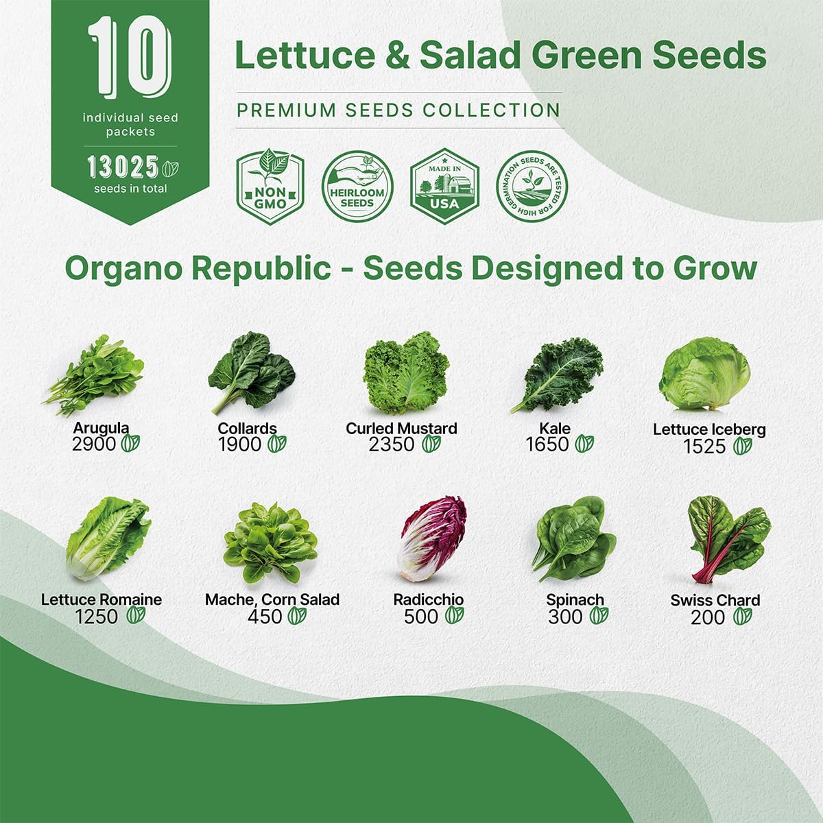 Organo Republic 10 Lettuce & Salad Greens Seeds Variety Pack 13000+ Non-GMO Heirloom Lettuce Seeds for Planting Indoors & Outdoors Garden, Hydroponics - Arugula, Radicchio, Kale, Spinach, Swiss Chard