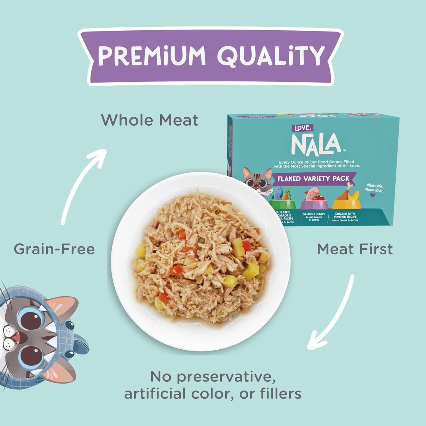 LOVE, NALA - FLAKED Fish Variety Pack - 24 Pack - Natural Adult Cat Wet Food - Grain Free, Non-GMO, Lean Protein, Omega 3, Added Minerals & Vitamins
