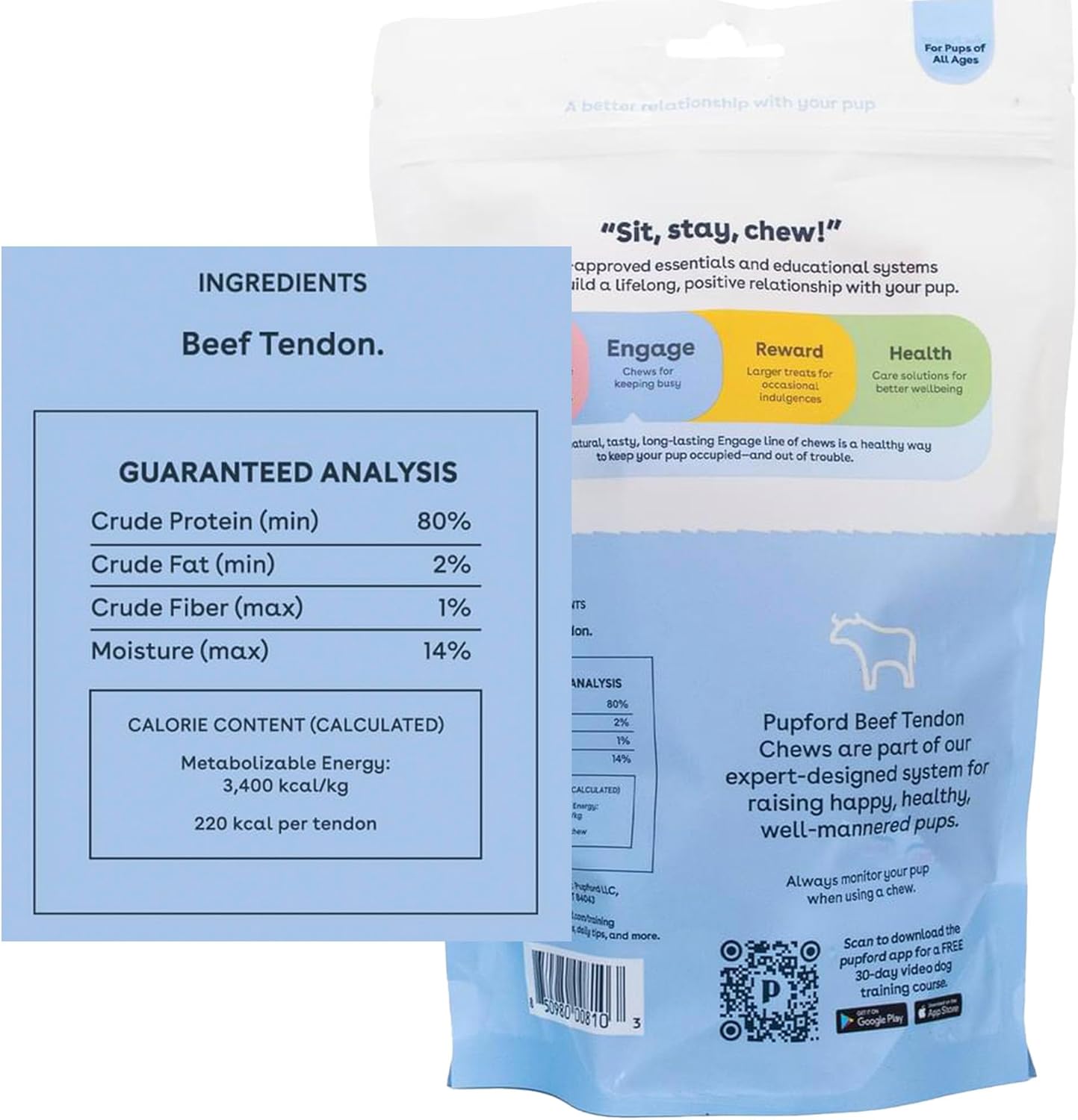 Pupford Turbo Beef Tendon Chews for Dogs & Puppies, All-Natural Dog Chew with Glucosamine for Joint Health, Long-Lasting Toy, Great for Teething (5 Count)