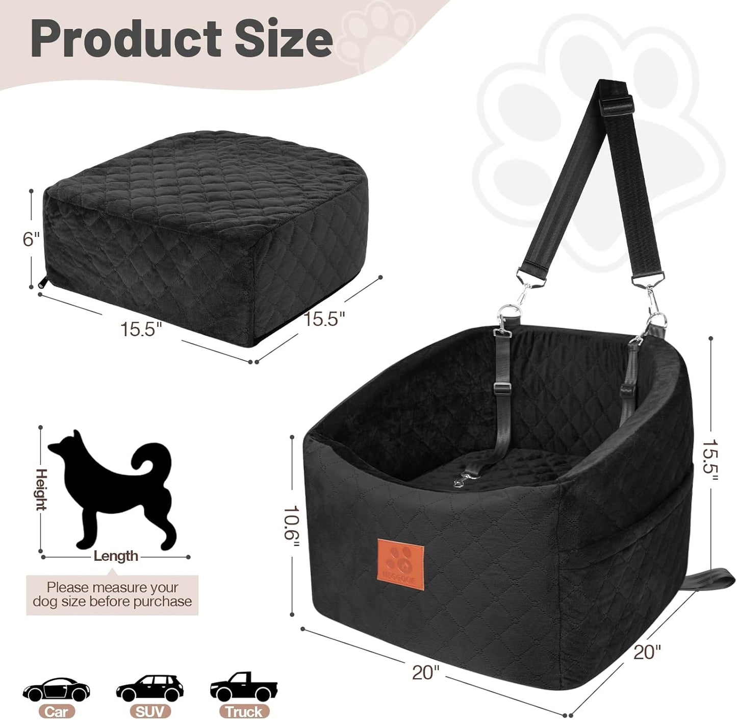 Dog Car Seat for Small Medium Dogs, Memory Foam Booster Car Seat for Dogs up to 35 lbs, Elevated Pet Car Seat, Travel Safety Bed with Washable Removable Cover and Storage Pockets(Black)