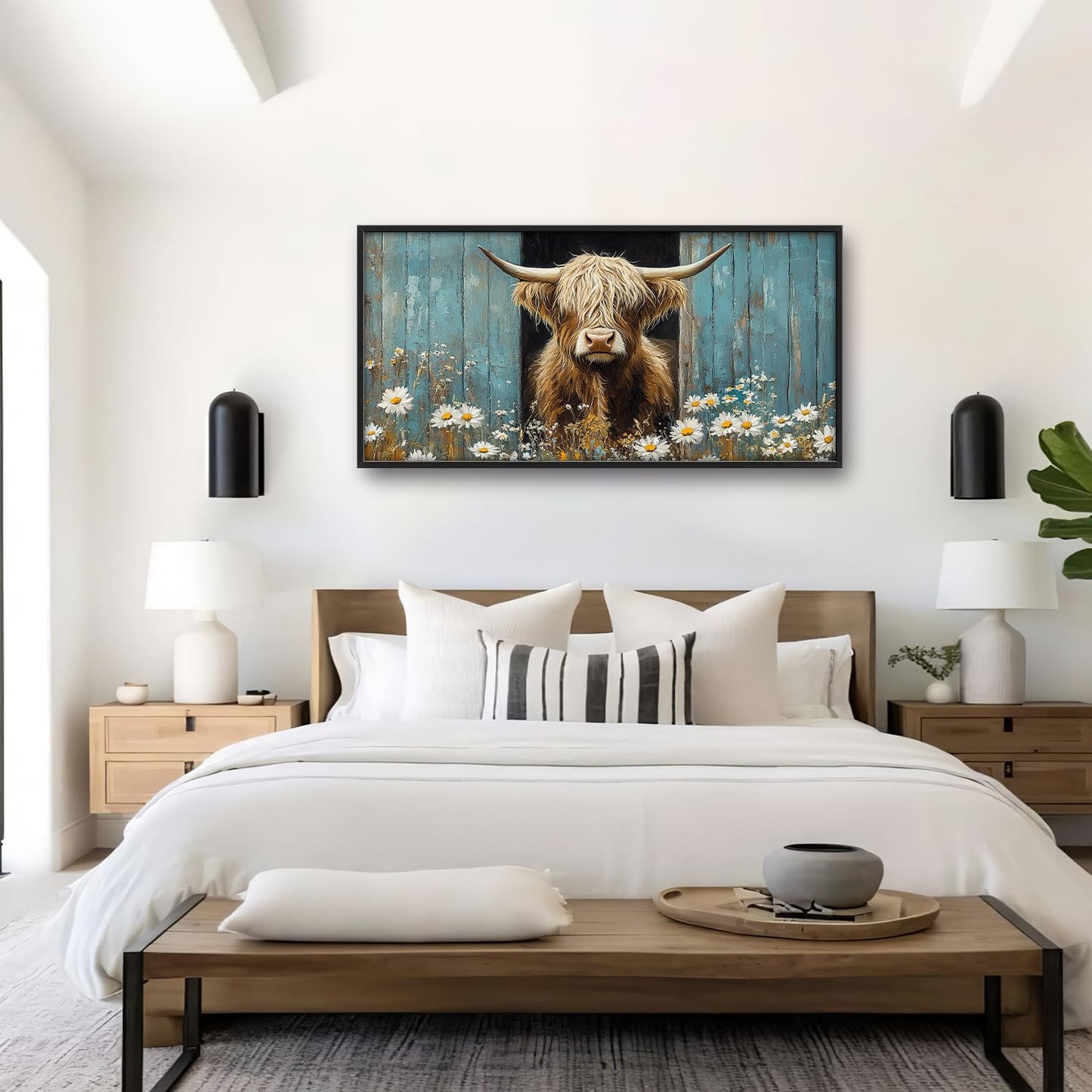 Large Farmhouse Highland Cow Country Wall Art for Living Room, Floral Canvas Oversized Wall Decor, Daisy Flower Animal Framed Pictures Painting Print Artwork for Bedroom Office 60"L x 30"W