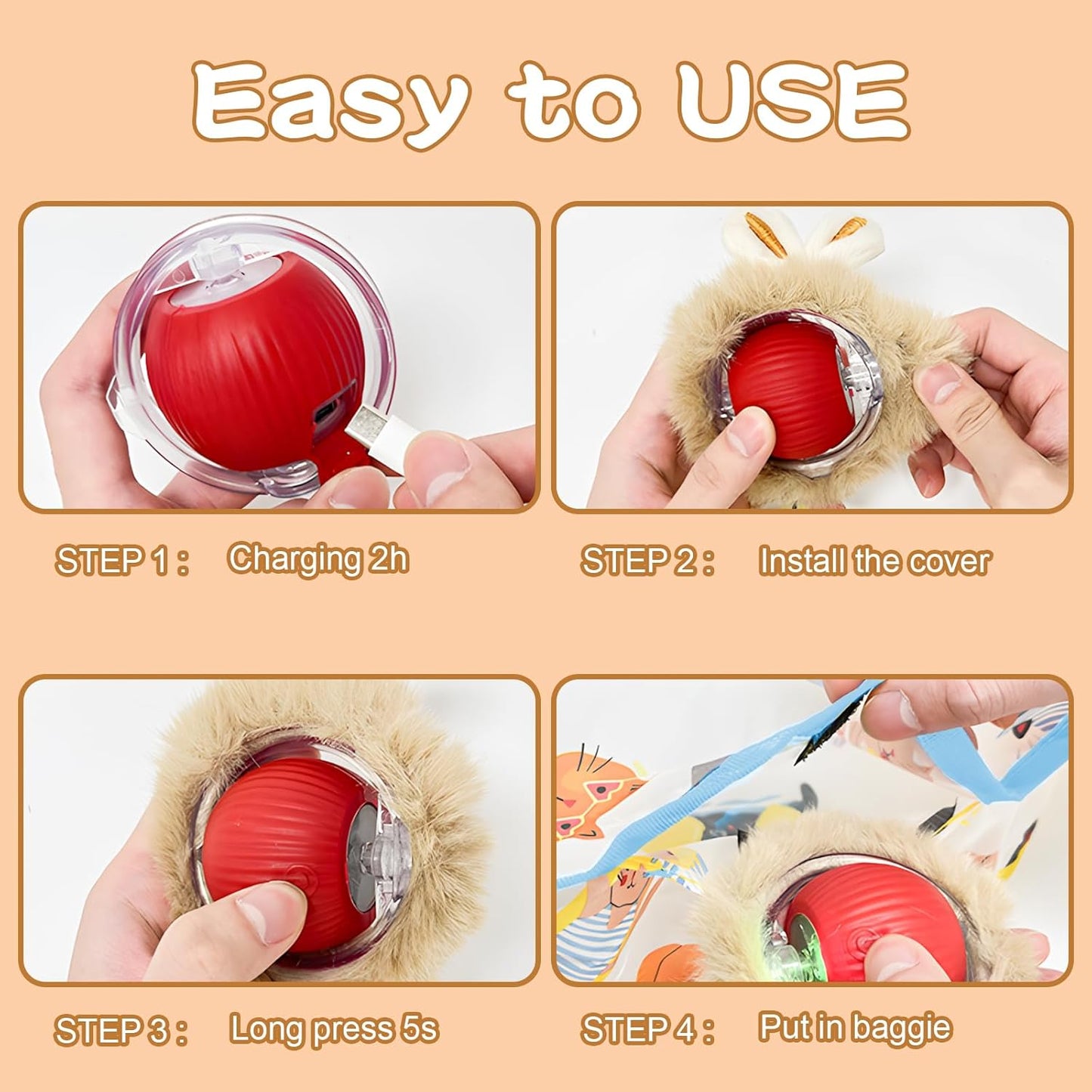 Rocfish Interactive Cat Toys Ball - Automatic Fast Rolling Ball in Play Mat, Hide and Seek Mouse Catching Game, Low-Noise Cat Enrichment Toys in Pouch for Indoor Bored Cats (Red Toy & Square Mat)