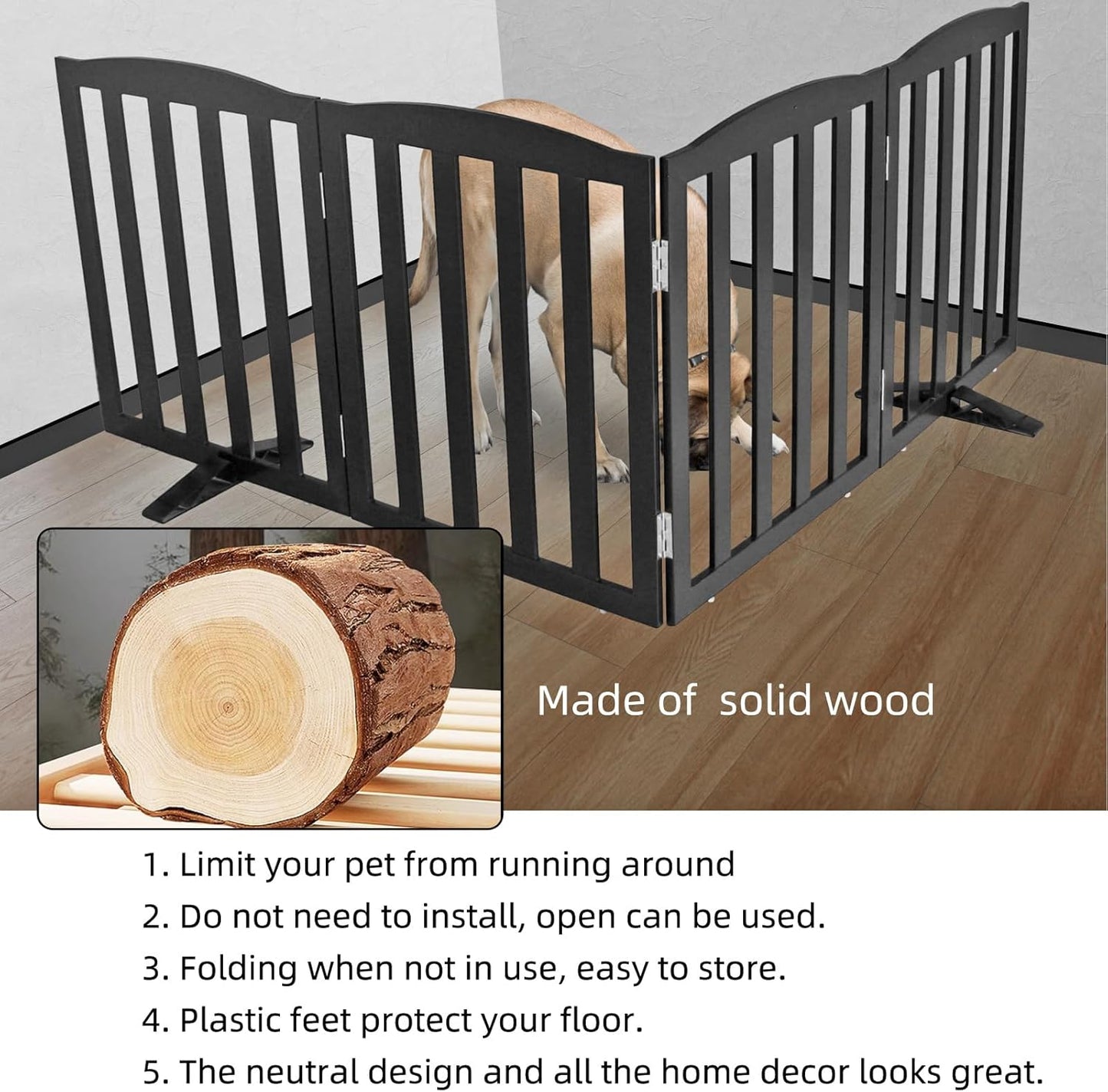ZJSF Foldable Freestanding Indoor Dog Gate for House Wood Long Pet Gates Dog Fence for Stairs Puppy Gates for Hallways, Puppy Gate,Support Feet Included, Black, 32 "Height-3 Panels