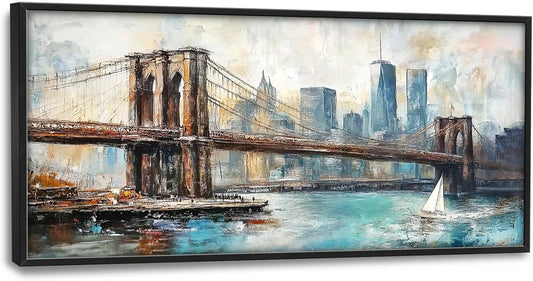 Extra Large Framed Brooklyn Bridge Wall Art,New York City Wall Decor,Abstract Skyline Cityscape Pictures for Living Room,Canvas Print Painting Modern Artwork Bedroom Office Bathroom 60L x30W