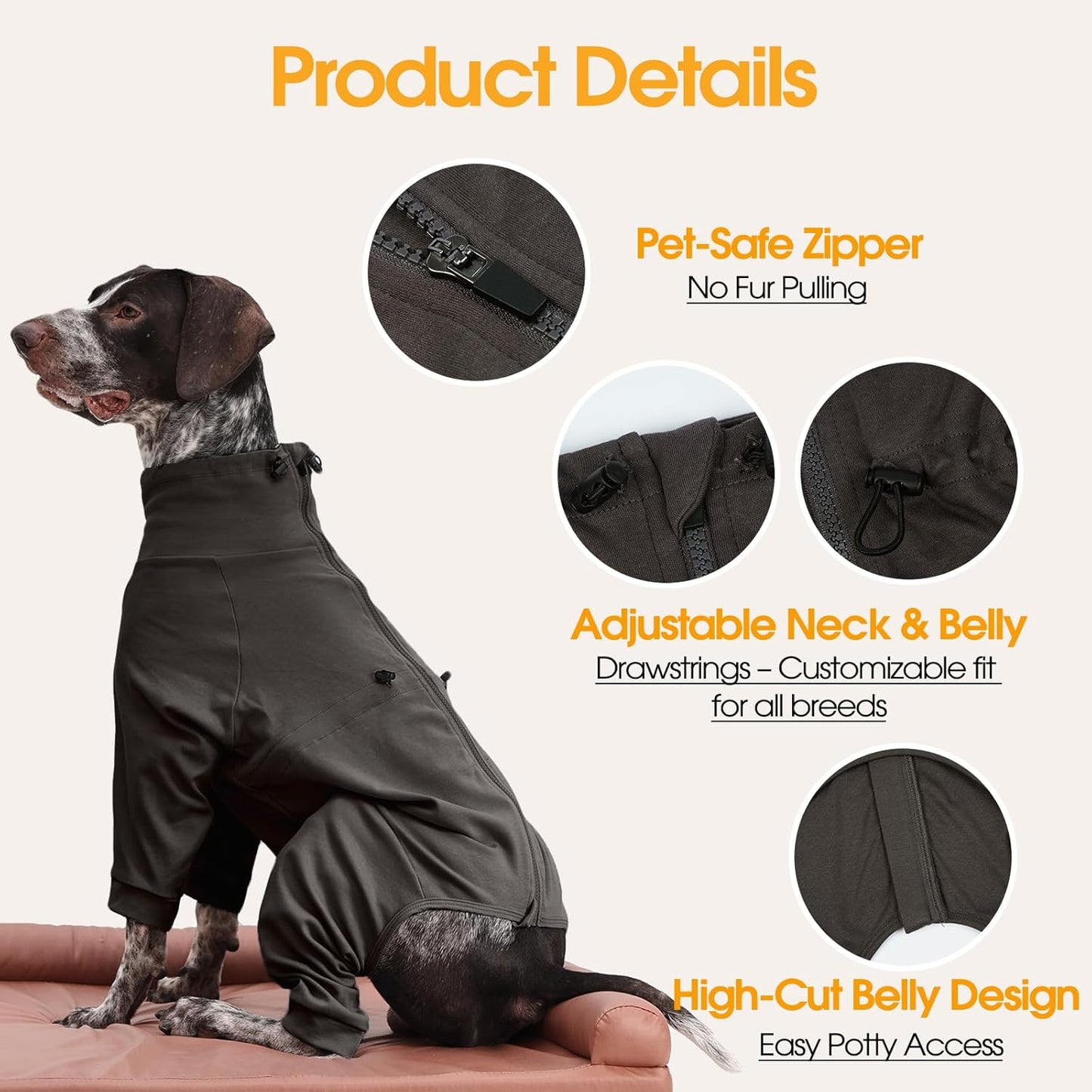 Medium Dog Pajamas with Back Zipper & Adjustable Drawstrings, Soft Dog Onesie Pjs, Easy On/Off Comfy Anti-Licking Dogs Outfits Jammies Shedding Suits, Beagle, Springer Spaniel, Grey L