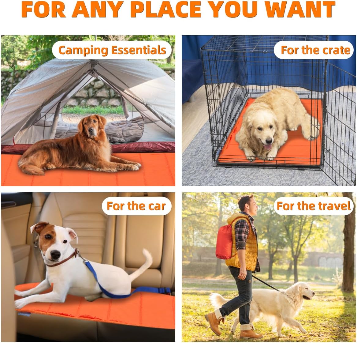 BDEUS 43x25In Large Size Outdoor Dog Bed, Waterproof & Portable Camping Travel Pet Mat, Easy to Clean, Washable Odor Resistant Pet Cooling Pad (Orange)