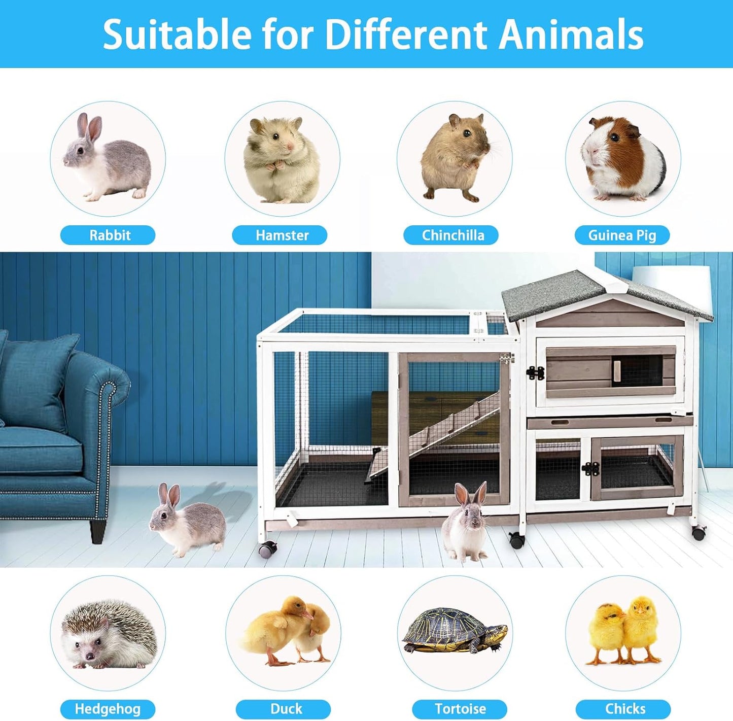 Rabbit Hutch Indoor Outdoor Two Story Bunny Hutch with Wheels Guinea Pig Cage with Removable No Leaking Tray Wooden Pet House