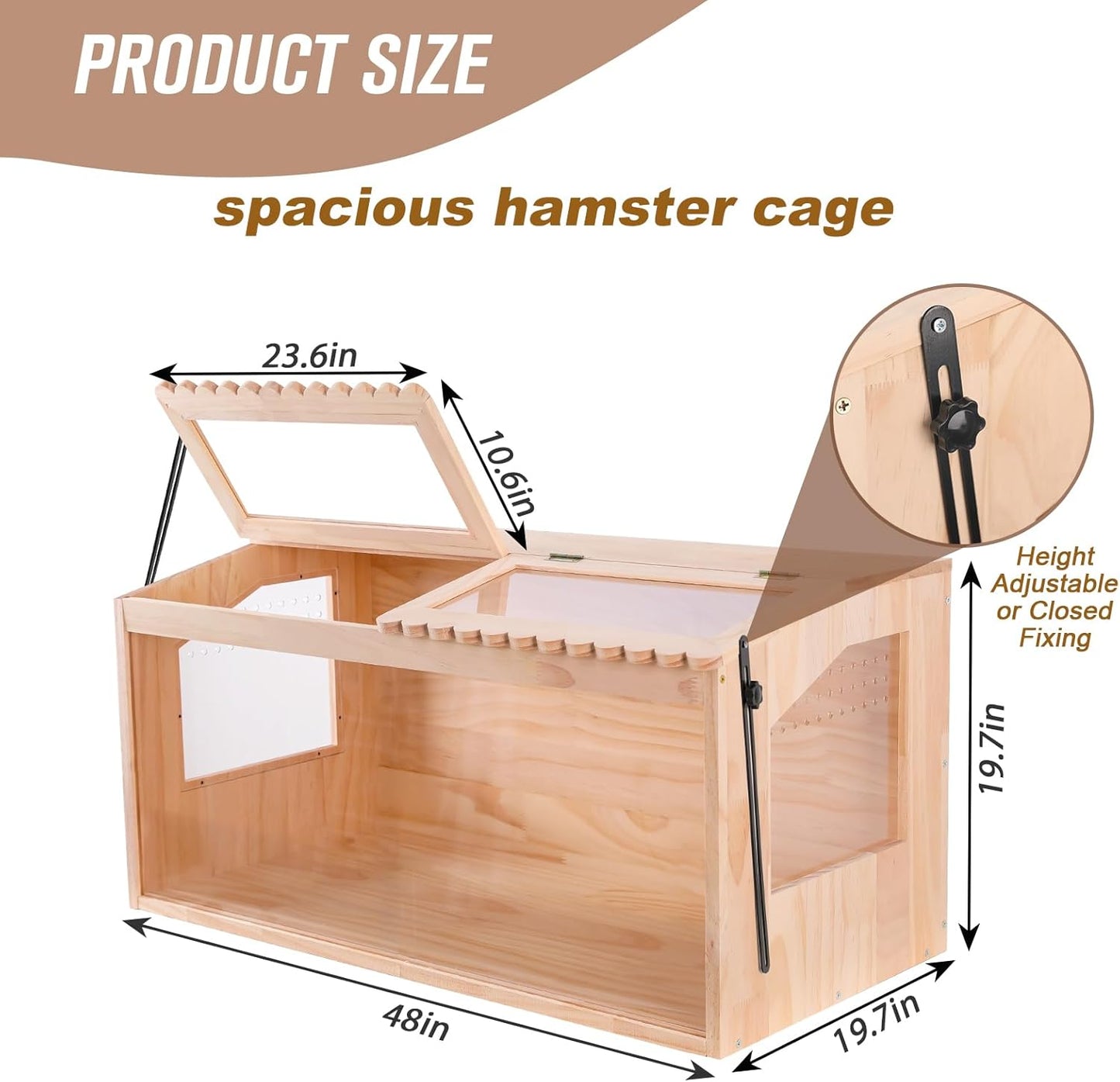 Wooden Hamster Cages and Habitats, 48"x20"x20" Guinea Pig Cage, Small Animal Cage for Dwarf Syrian Hamsters Degus Mice & Other Small Pets. Big Hamster Habitat with 2 Adjustable skylights.