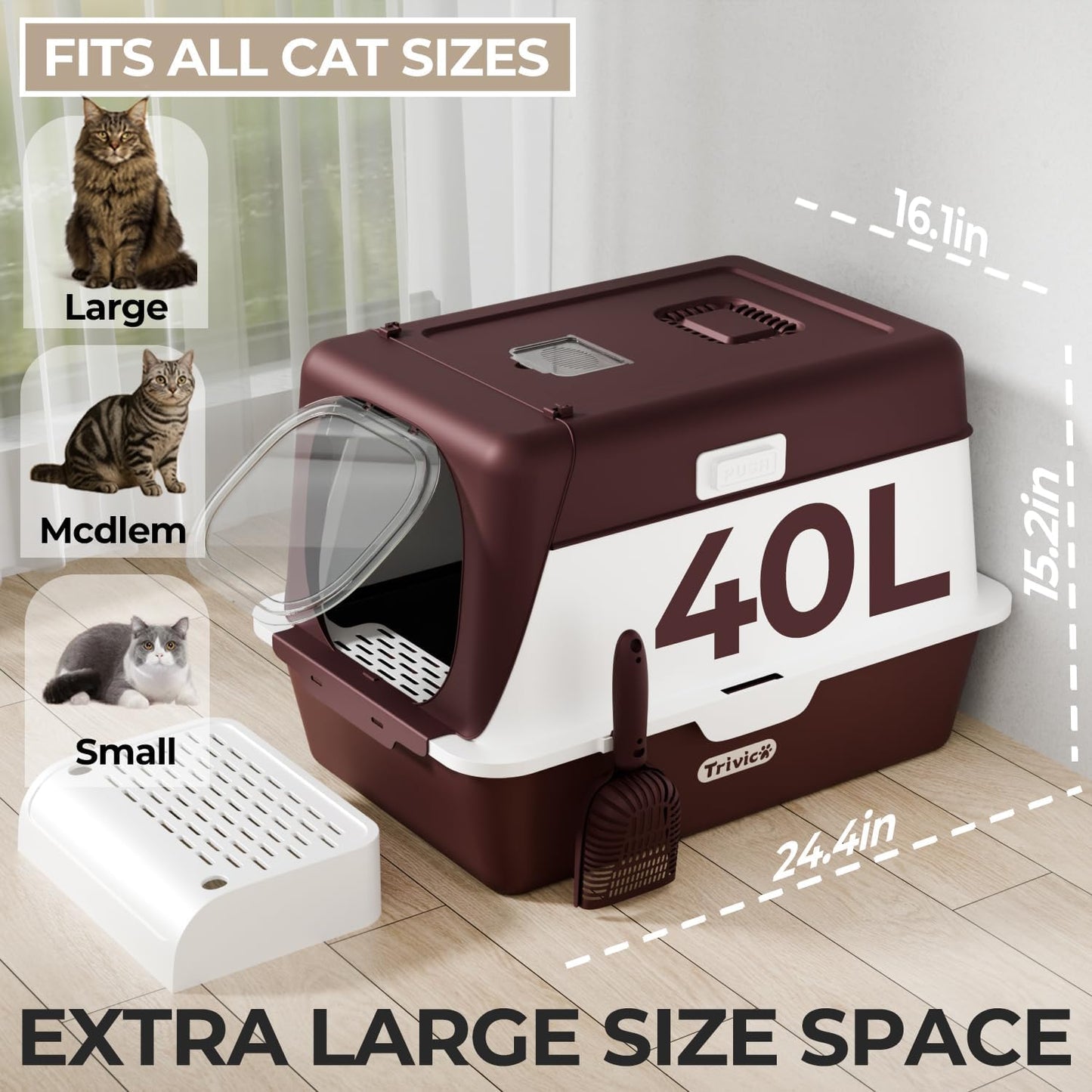 XX-Large Stainless Steel Cat Litter Box with Lid – Fully Enclosed Large Litter Box for Big Cats, Odor Control with Magnetic Door, Easy Clean, Multi-Cat Durable Metal Pan (Burgundy)