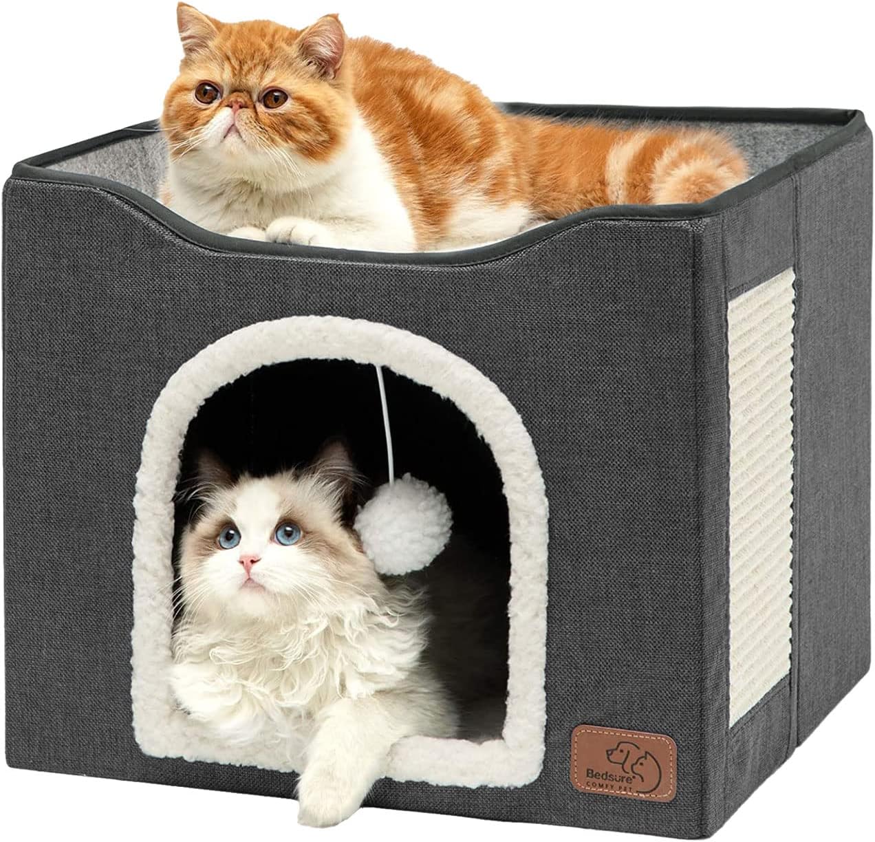 Bedsure Cat Beds for Indoor Cats - Large Cat Cave for Pet Cat House with Fluffy Ball Hanging and Scratch Pad, Foldable Cat Hideaway, 16.5x16.5x13 inches, Dark Grey